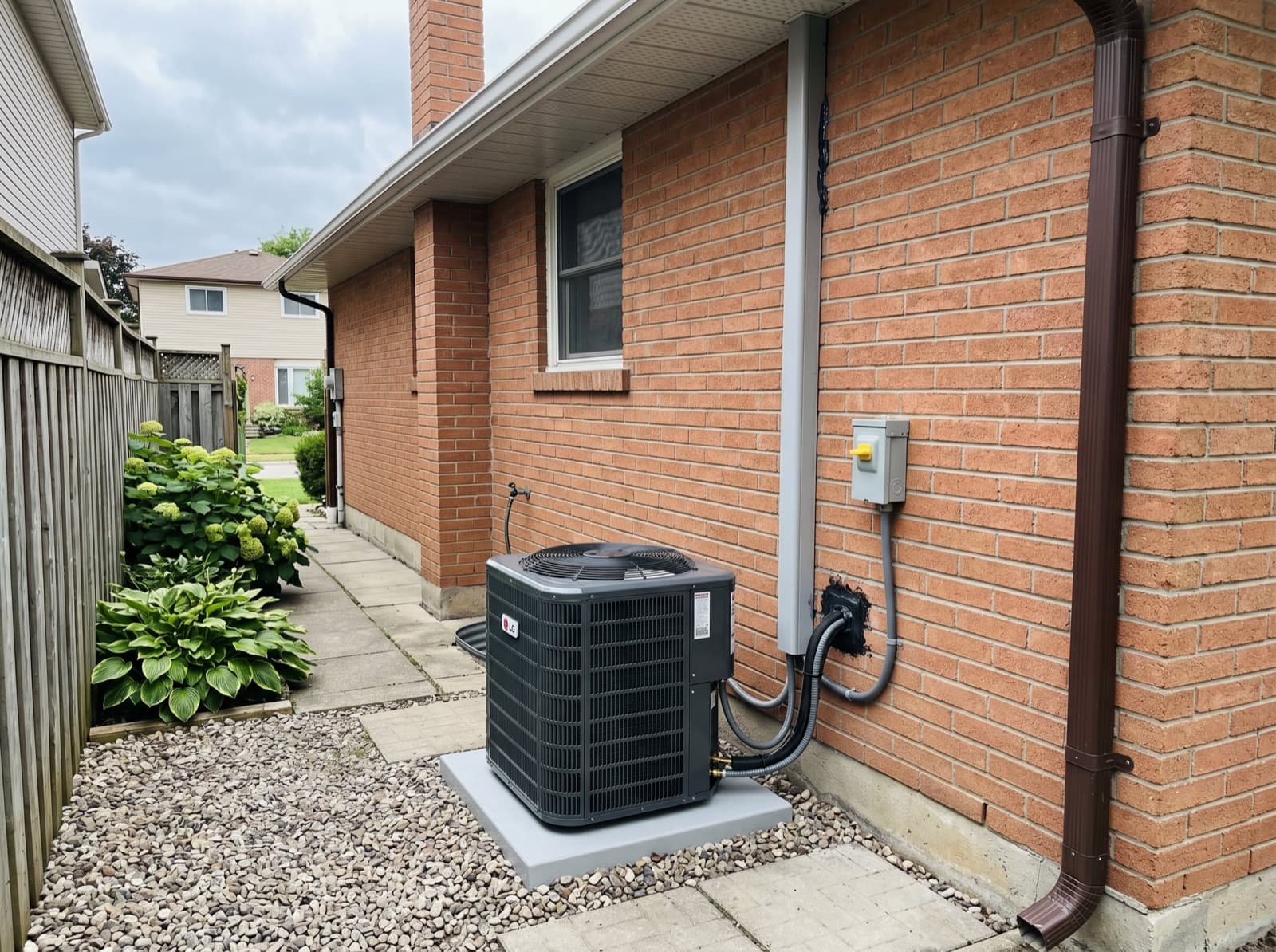 Outdoor AC condenser installed beside a brick house.