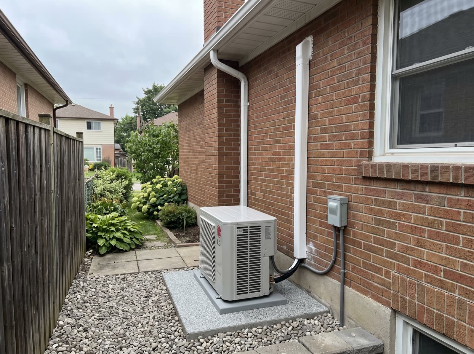 New AC condenser on a concrete pad outside a Toronto home.
