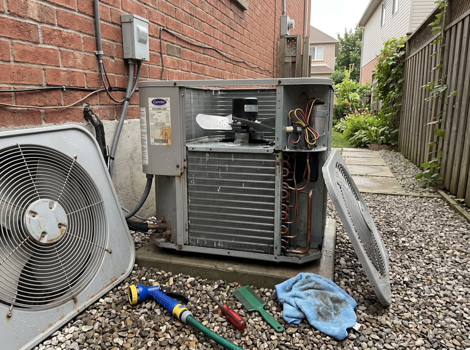 Outdoor AC condenser opened up for cleaning maintenance.