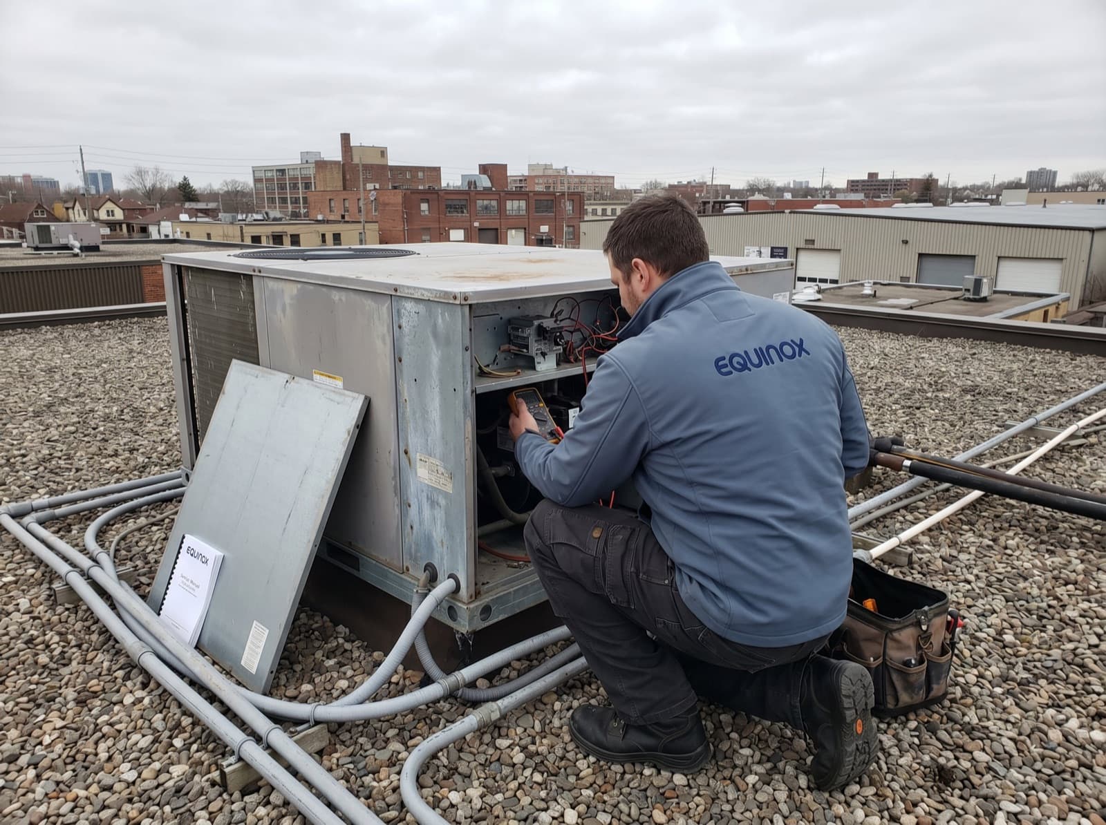 Equinox technician servicing a rooftop unit on a Queen West building.