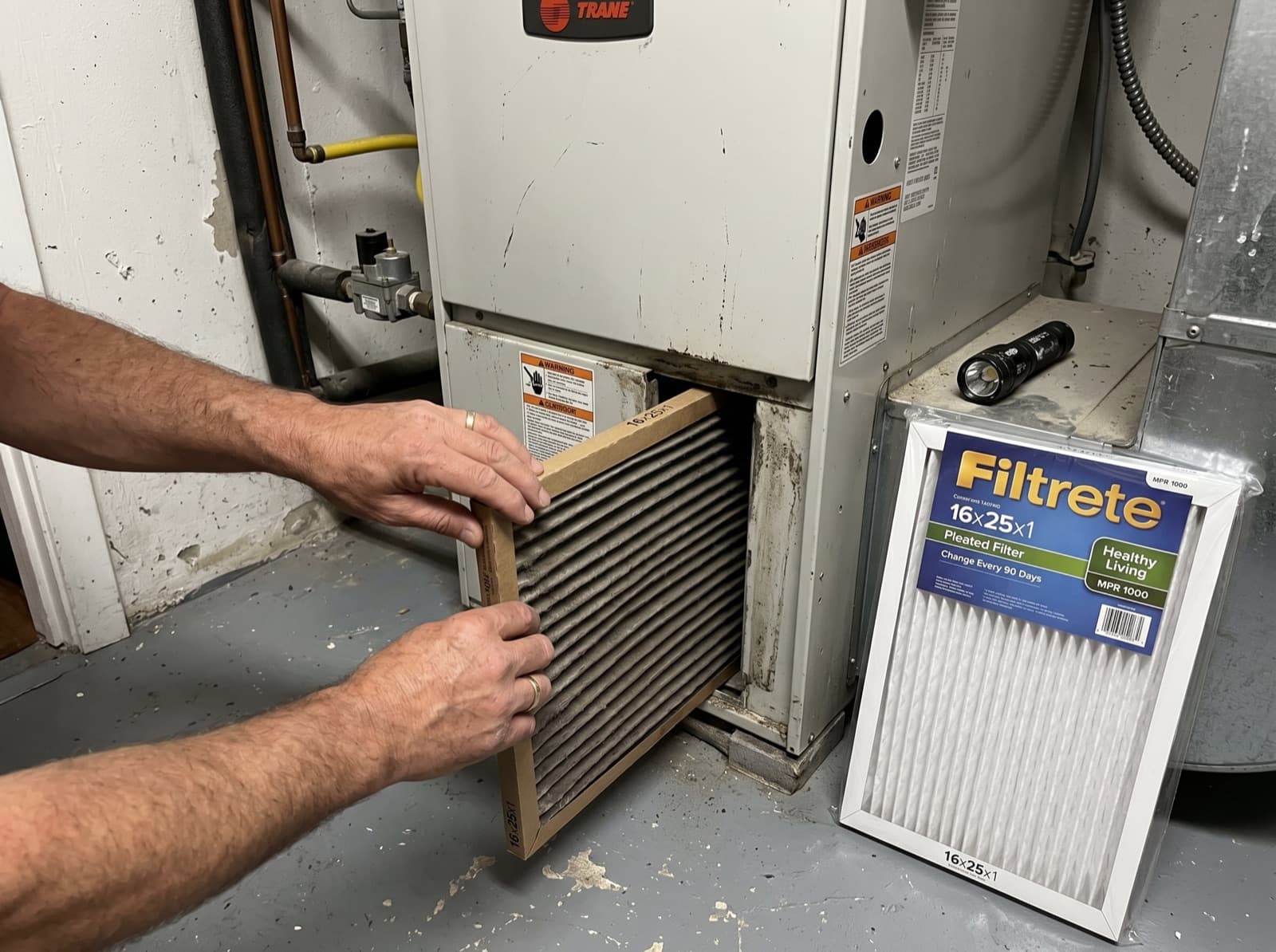 Hands replacing a furnace filter with a new one.