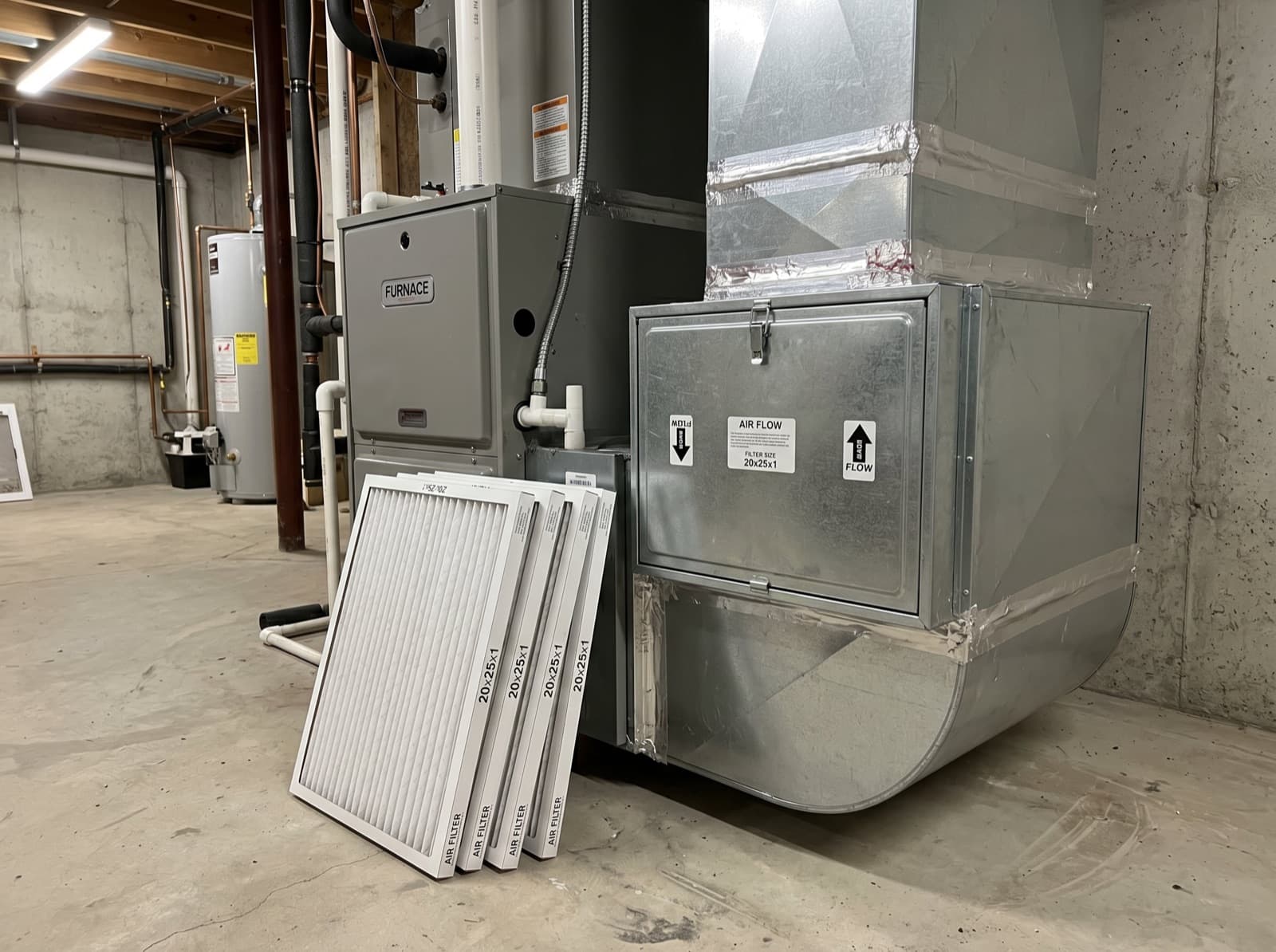 Furnace with filter cabinet and stacked filters.