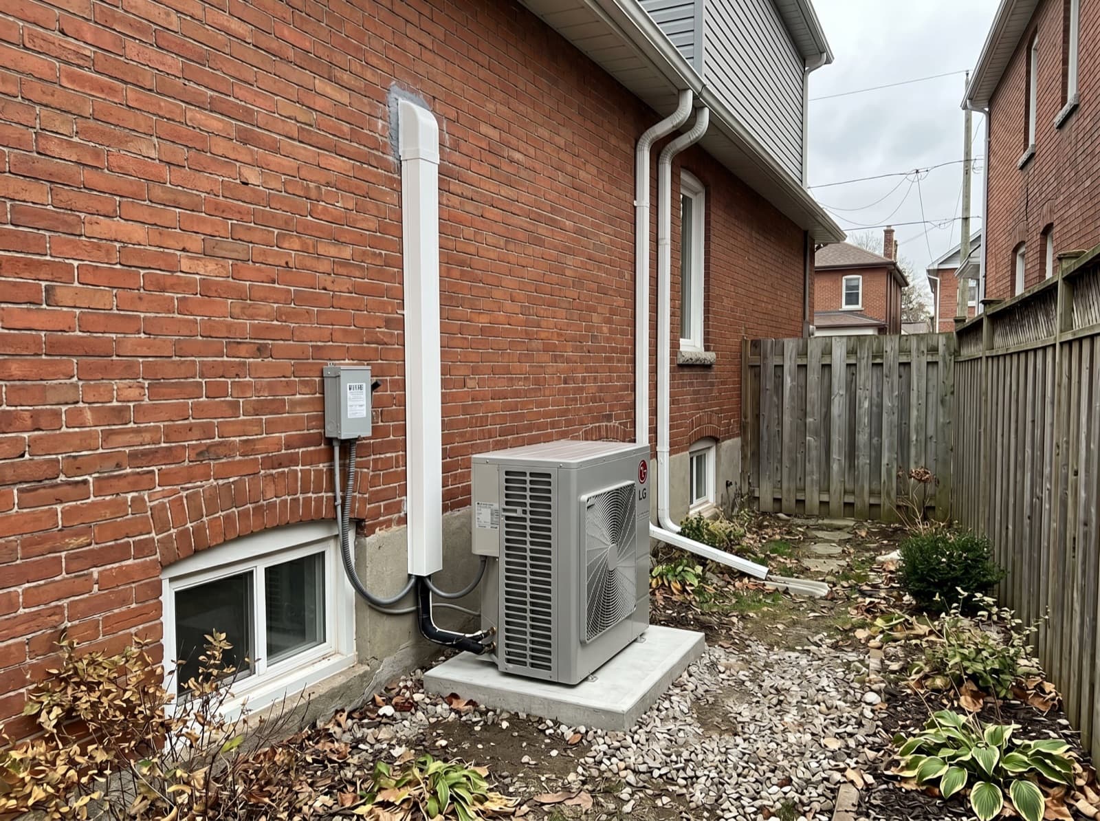 Heat pump installed on a concrete pad beside a brick wall.