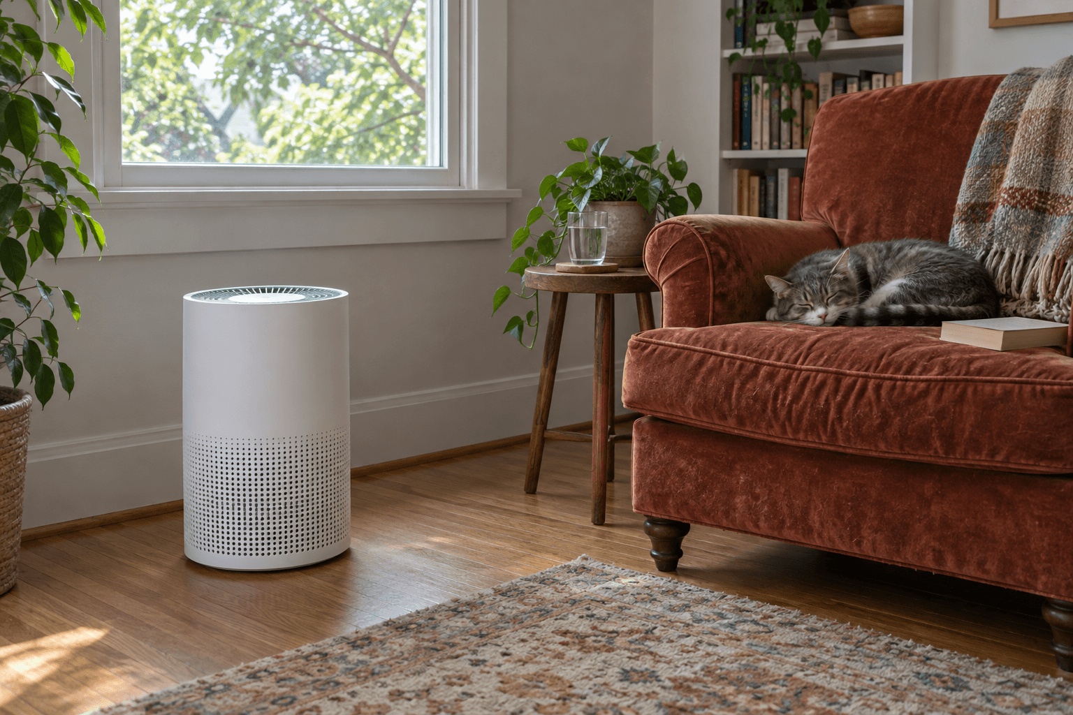 A portable air cleaner on open floor space beside a reading chair.