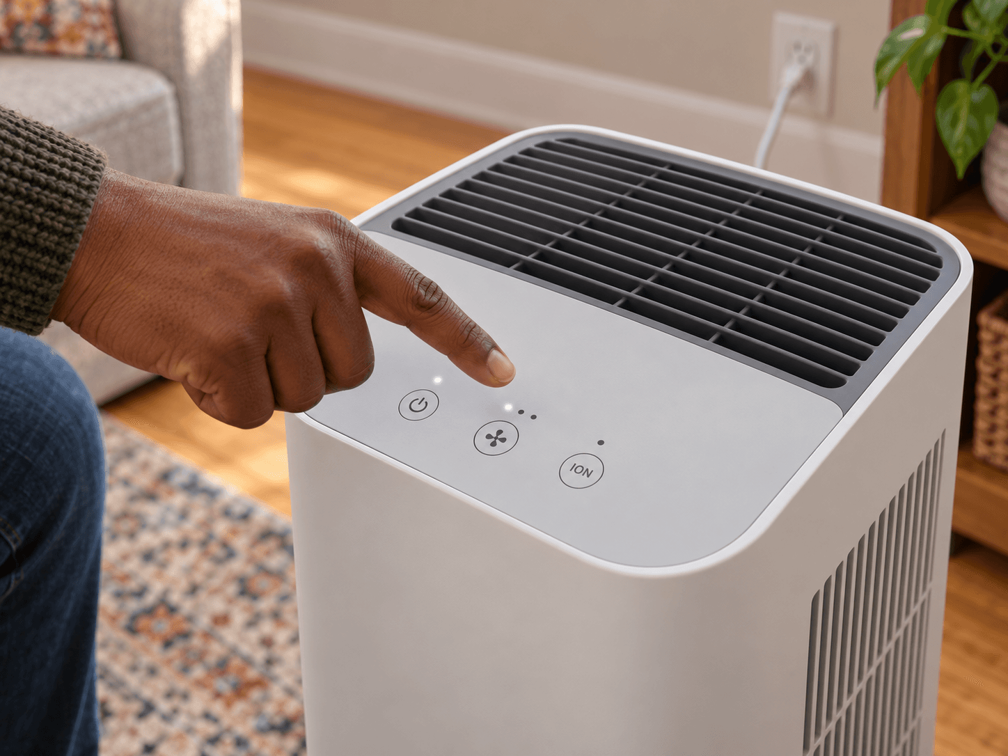 A homeowner checks separate power, fan and ION controls on a purifier; the ION indicator is unlit.