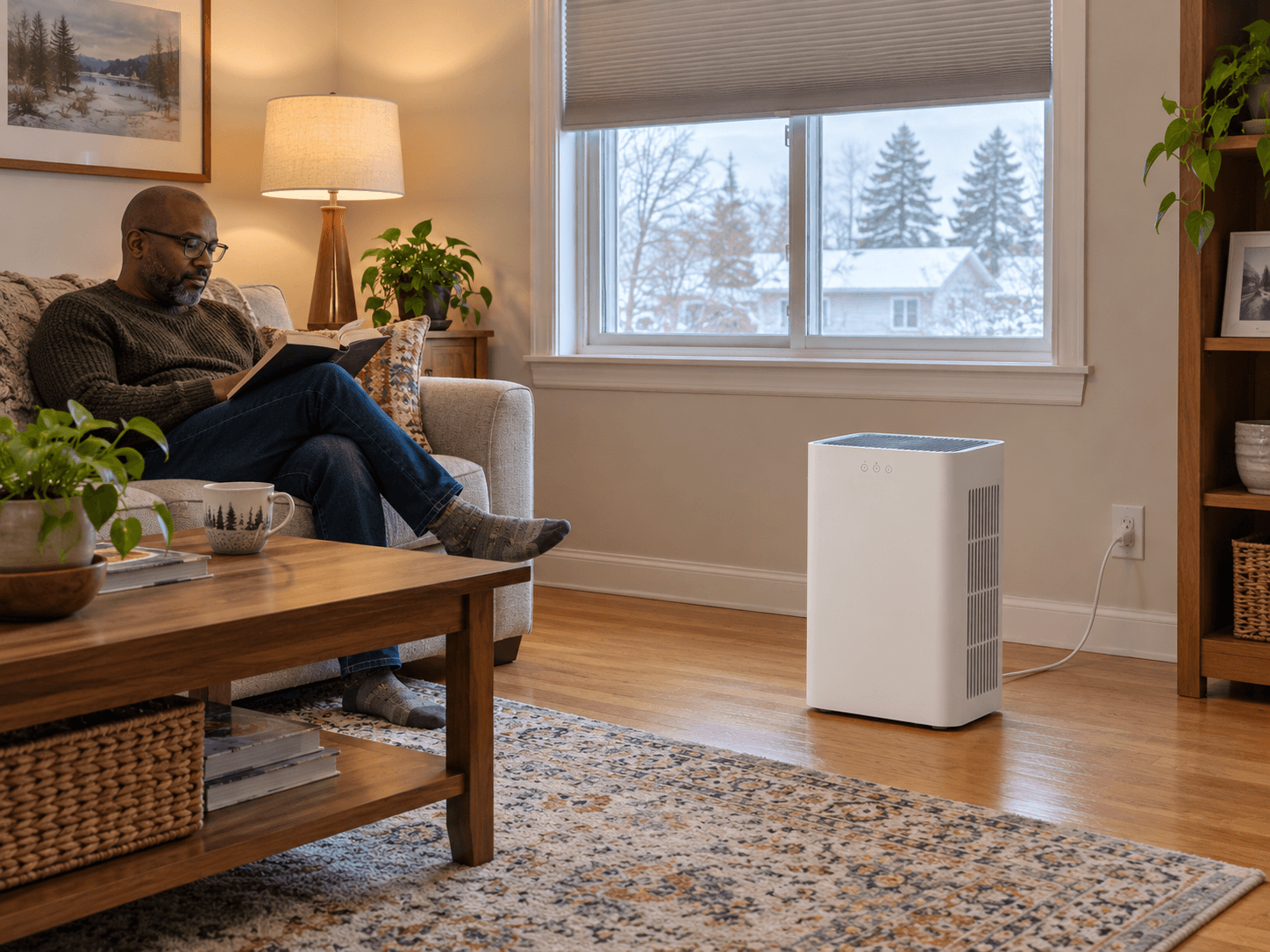 A closed portable purifier stands away from furniture and curtains in a living room.