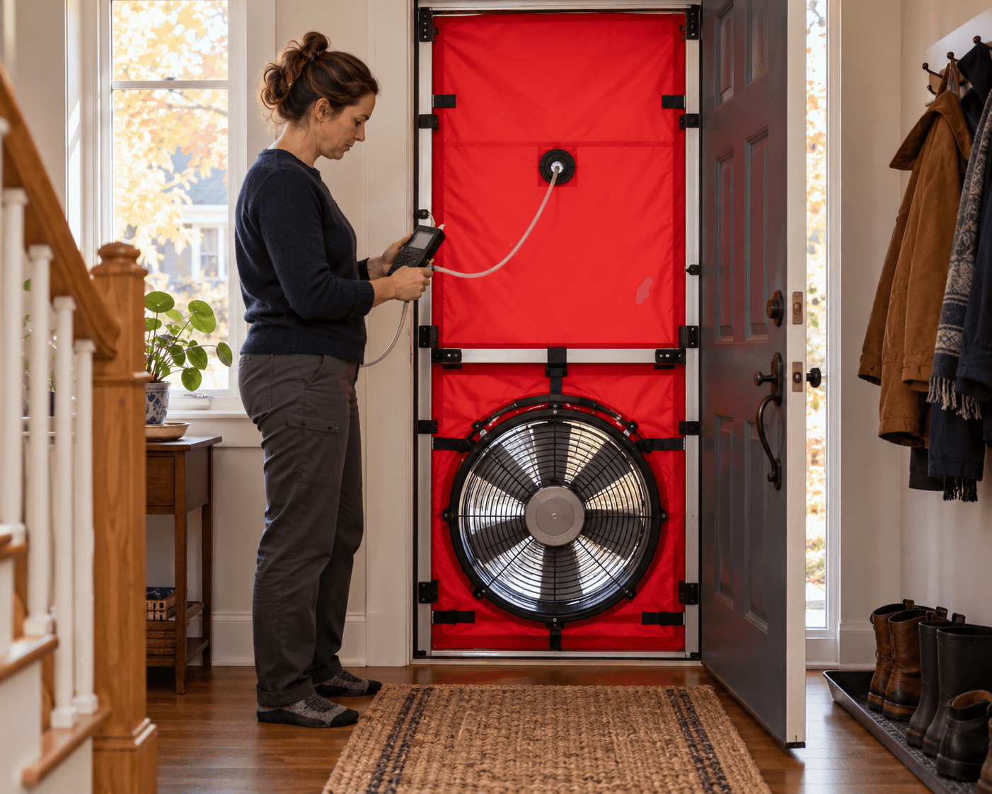 An energy advisor beside a framed red blower-door panel holding a pressure instrument during a home assessment.
