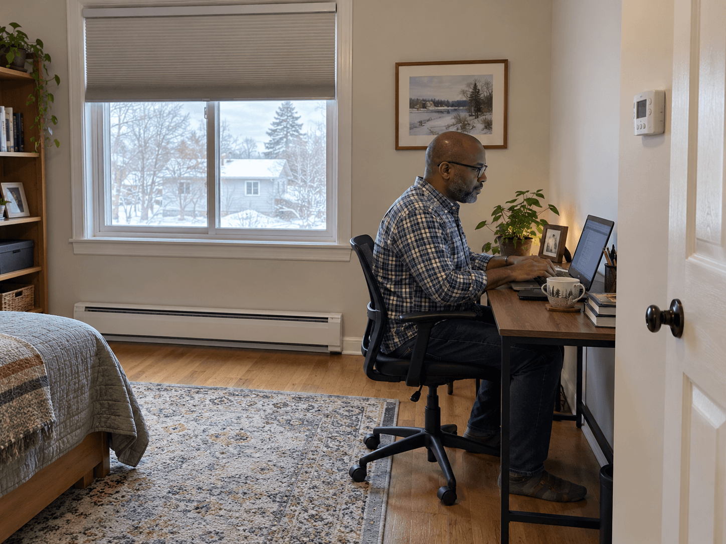 A man working at a desk in a spare bedroom, with an electric baseboard under the window and a control on the wall.