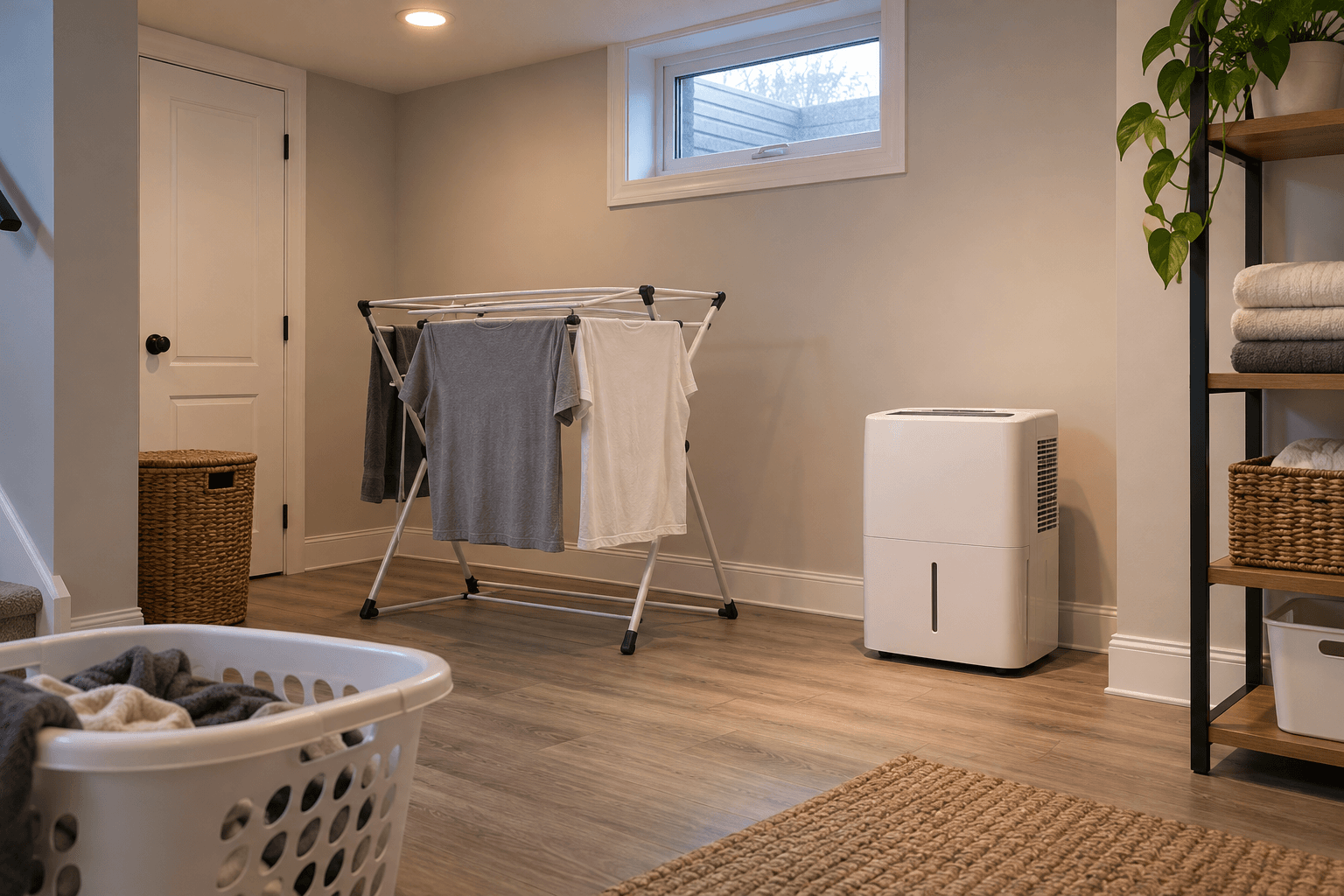 A portable dehumidifier with clear space around it near a basement laundry rack.