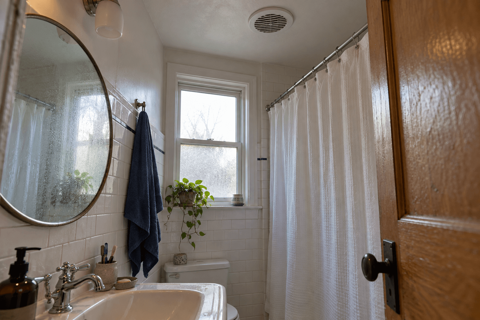 A misted bathroom mirror, damp towel and ceiling exhaust grille in a small tiled room.