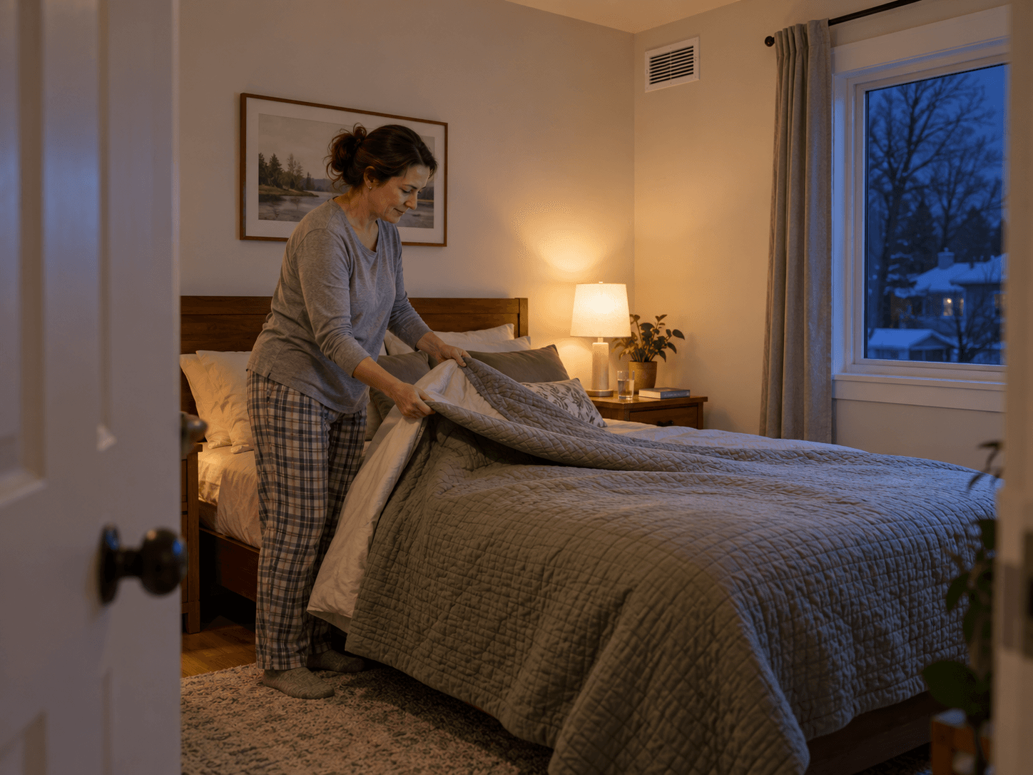 A homeowner turning down bedcovers in an evening bedroom with a closed window and an unobstructed high wall grille.