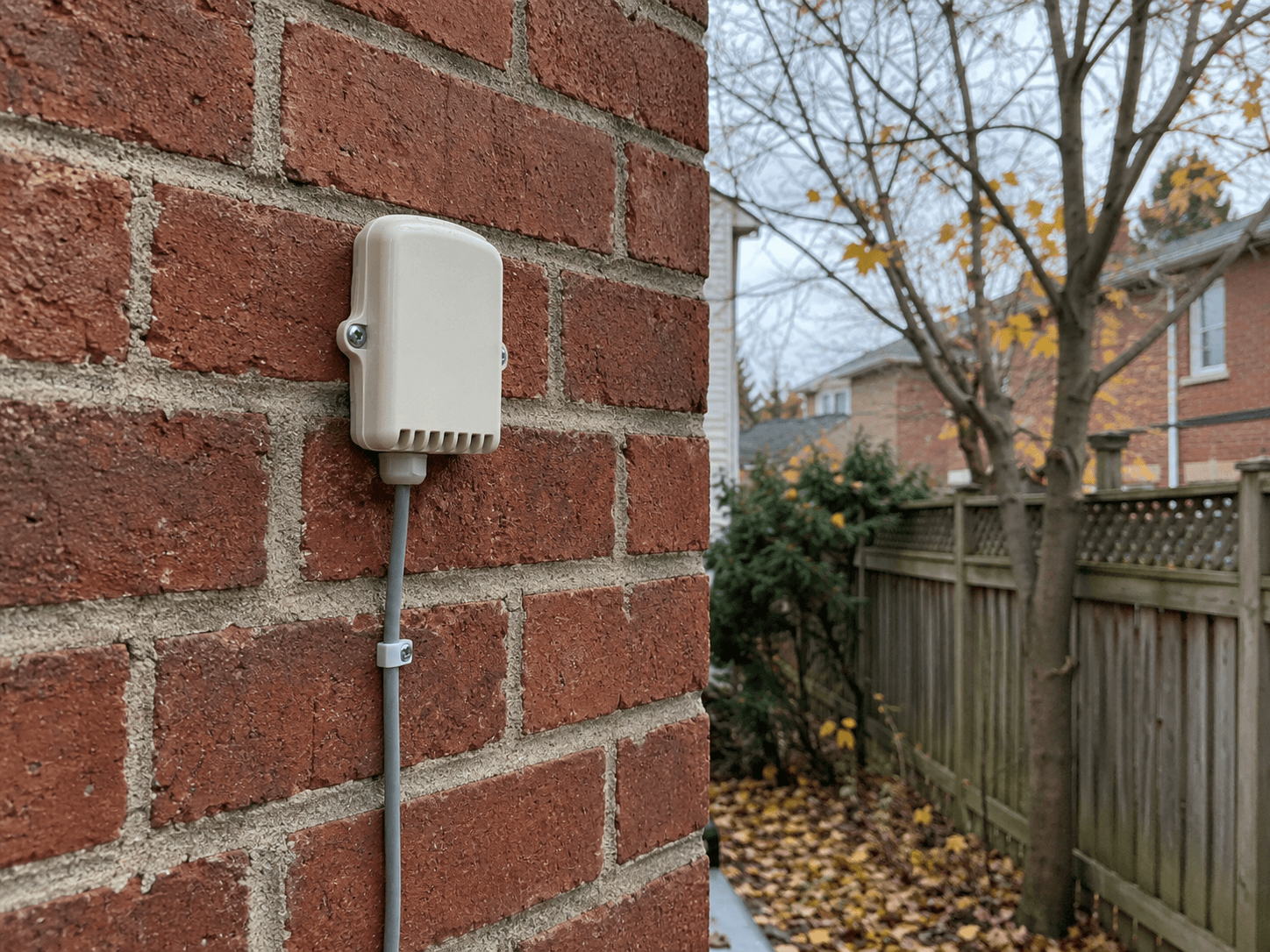 A small closed outdoor temperature sensor with a clipped cable on a shaded brick wall.