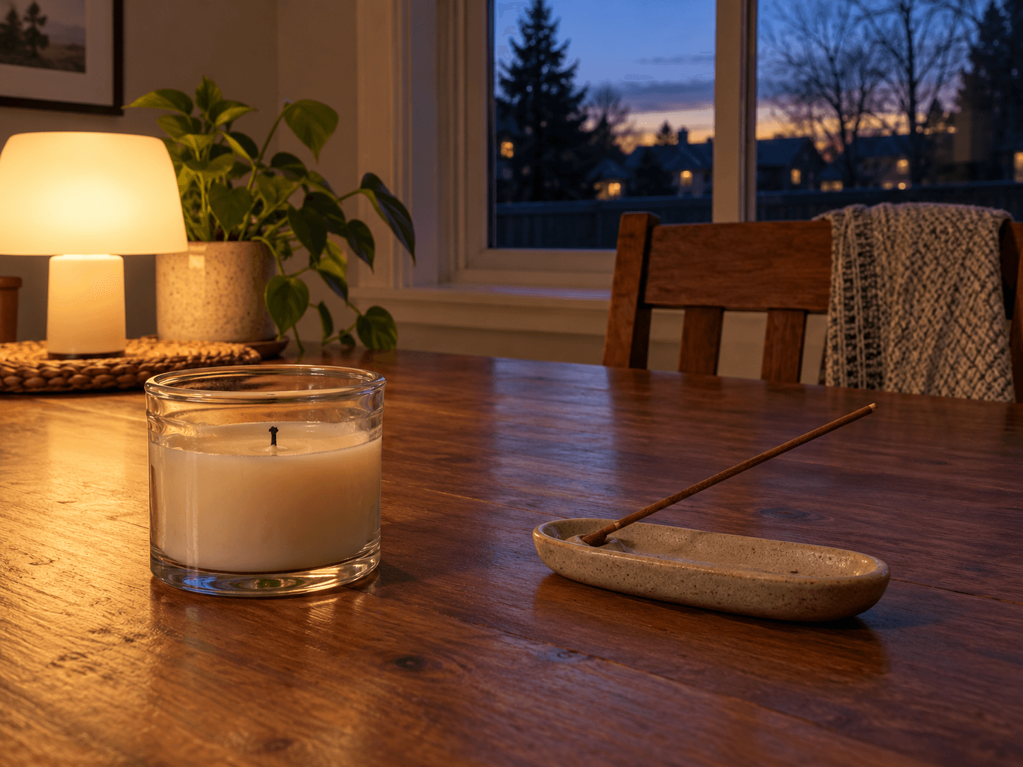 An unlit candle and incense stick sit on a dining table lit by a warm electric lamp.