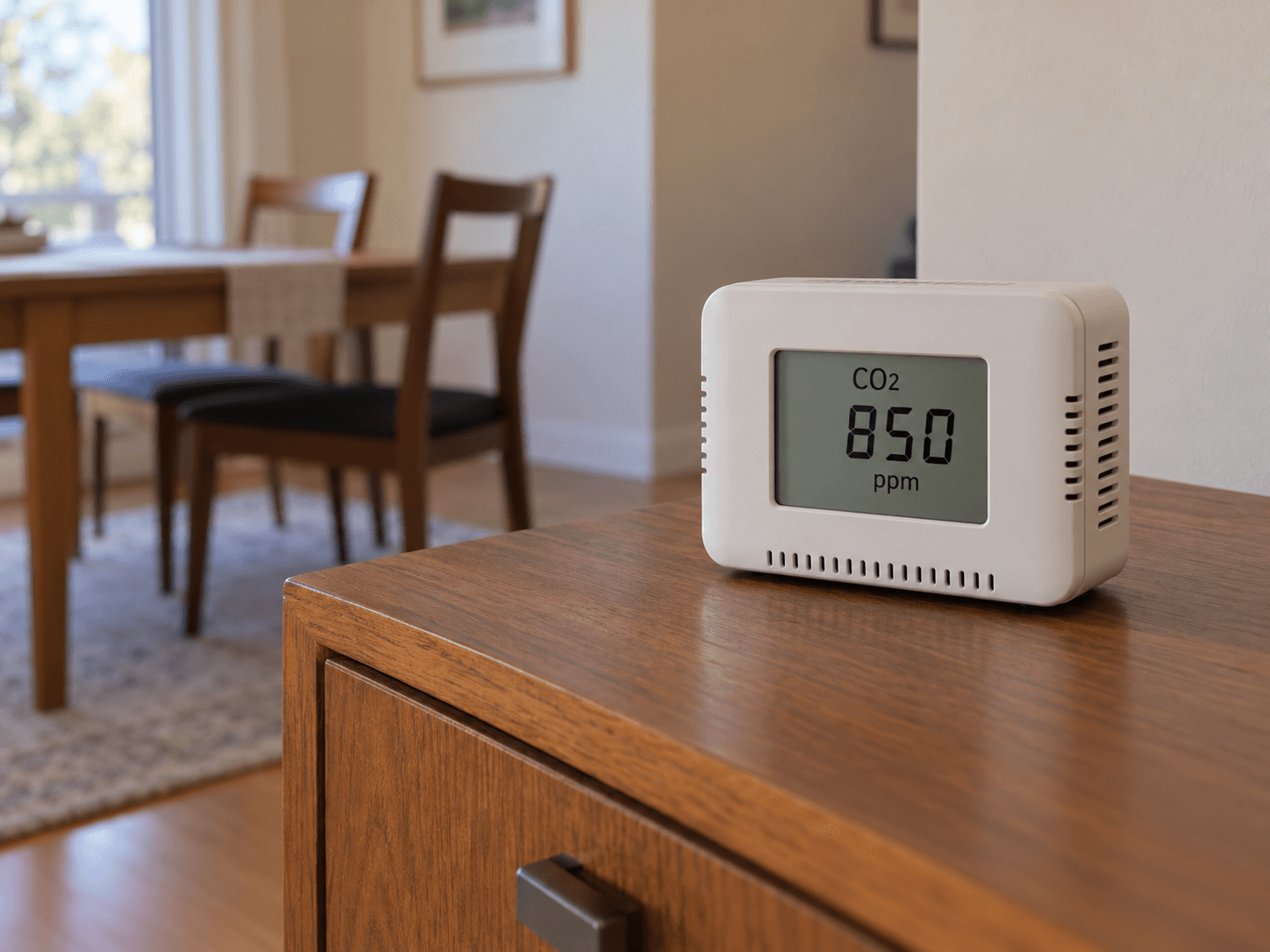 A tabletop monitor displaying CO2 and a reading in parts per million, with its vents unobstructed.