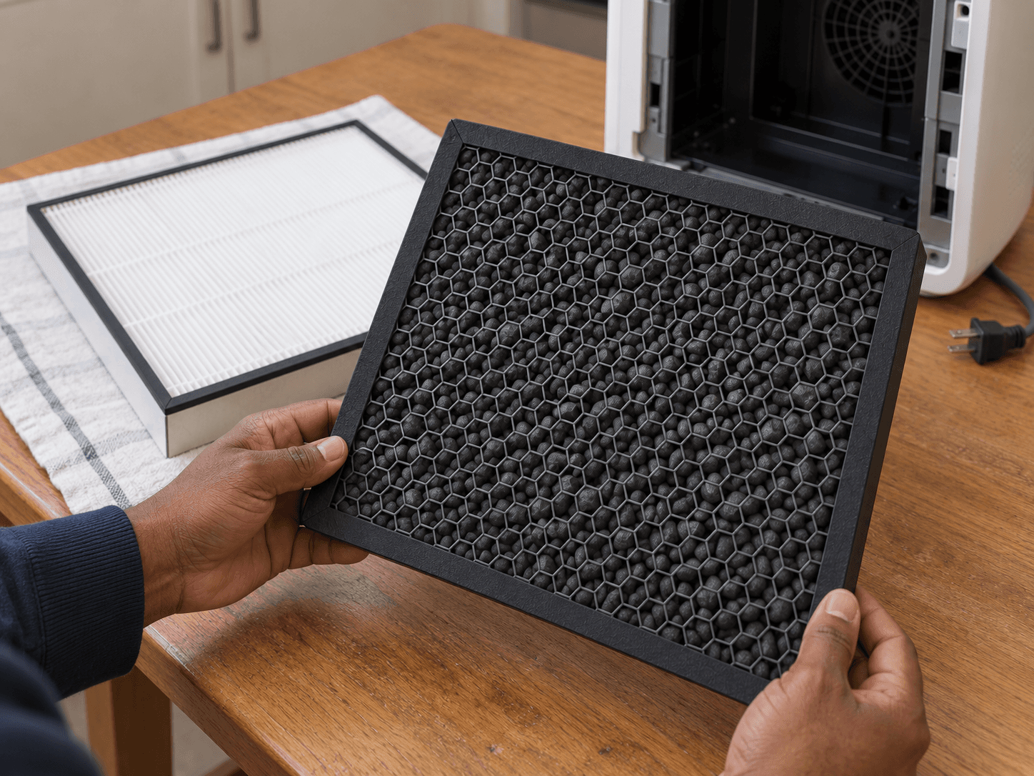 Hands support a carbon-media cassette above a separate pleated filter and an unplugged purifier during inspection.