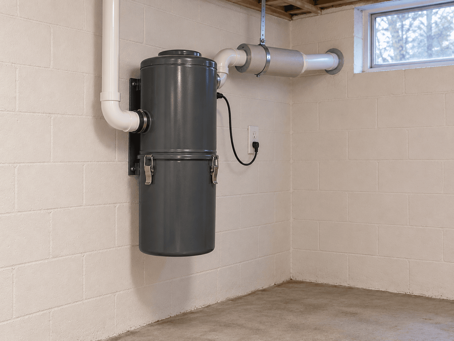 A wall-mounted central vacuum canister with a separate intake pipe and an exhaust pipe passing through a muffler toward an exterior wall.