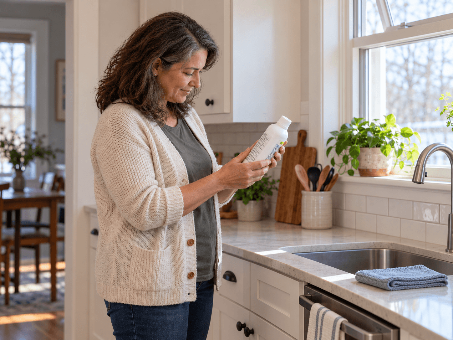 A homeowner reads the label on one capped cleaning bottle before starting in a bright kitchen.