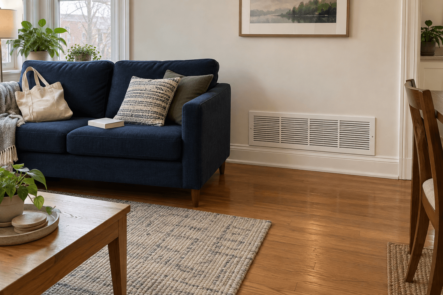 A living room sofa leaving a wall return-air grille unobstructed.