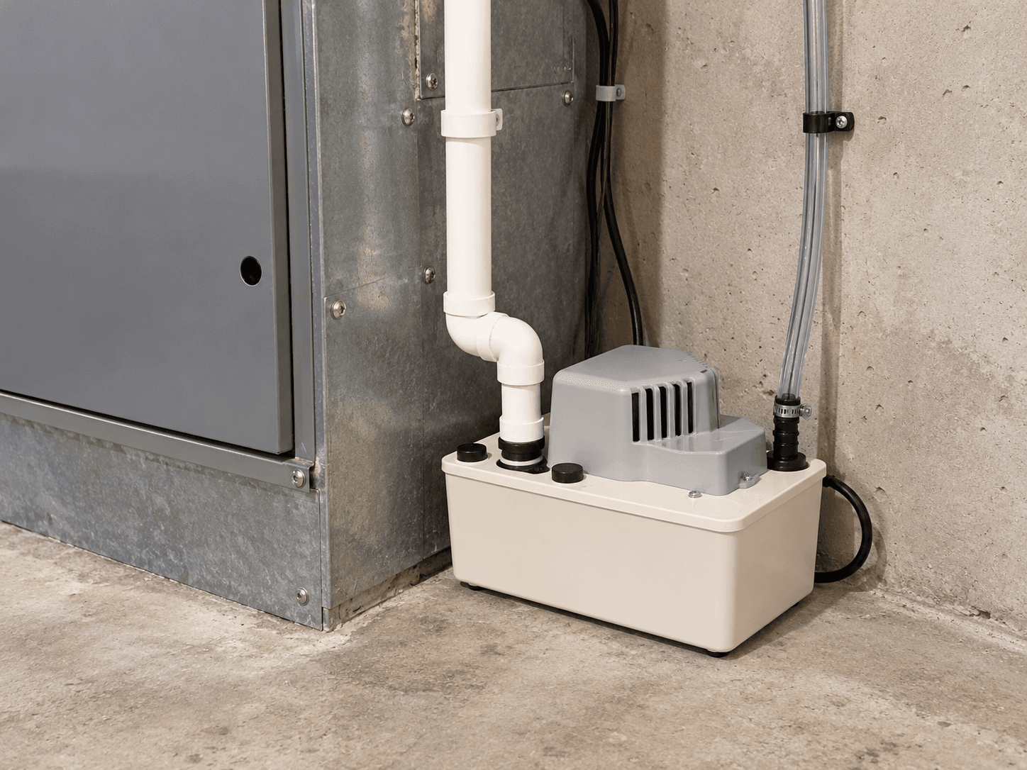 An intact condensate pump beside HVAC equipment, with a rigid inlet and a clear discharge tube.