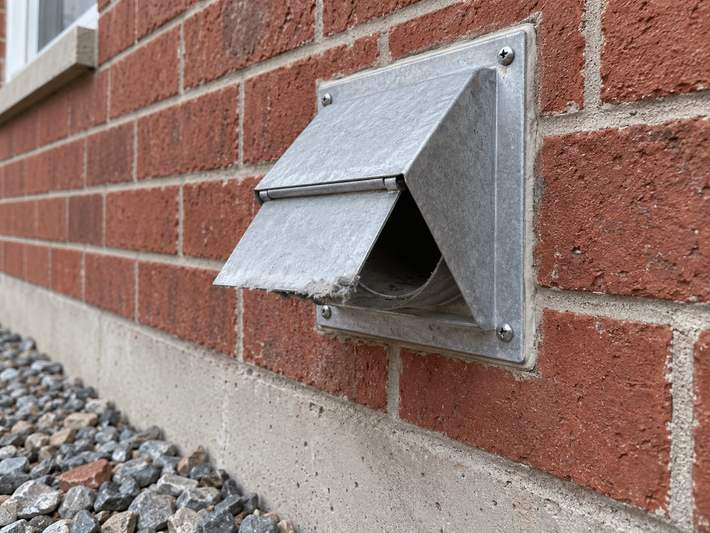 A metal dryer exhaust hood on a brick wall with its flap partly open and lint caught along the lower edge.