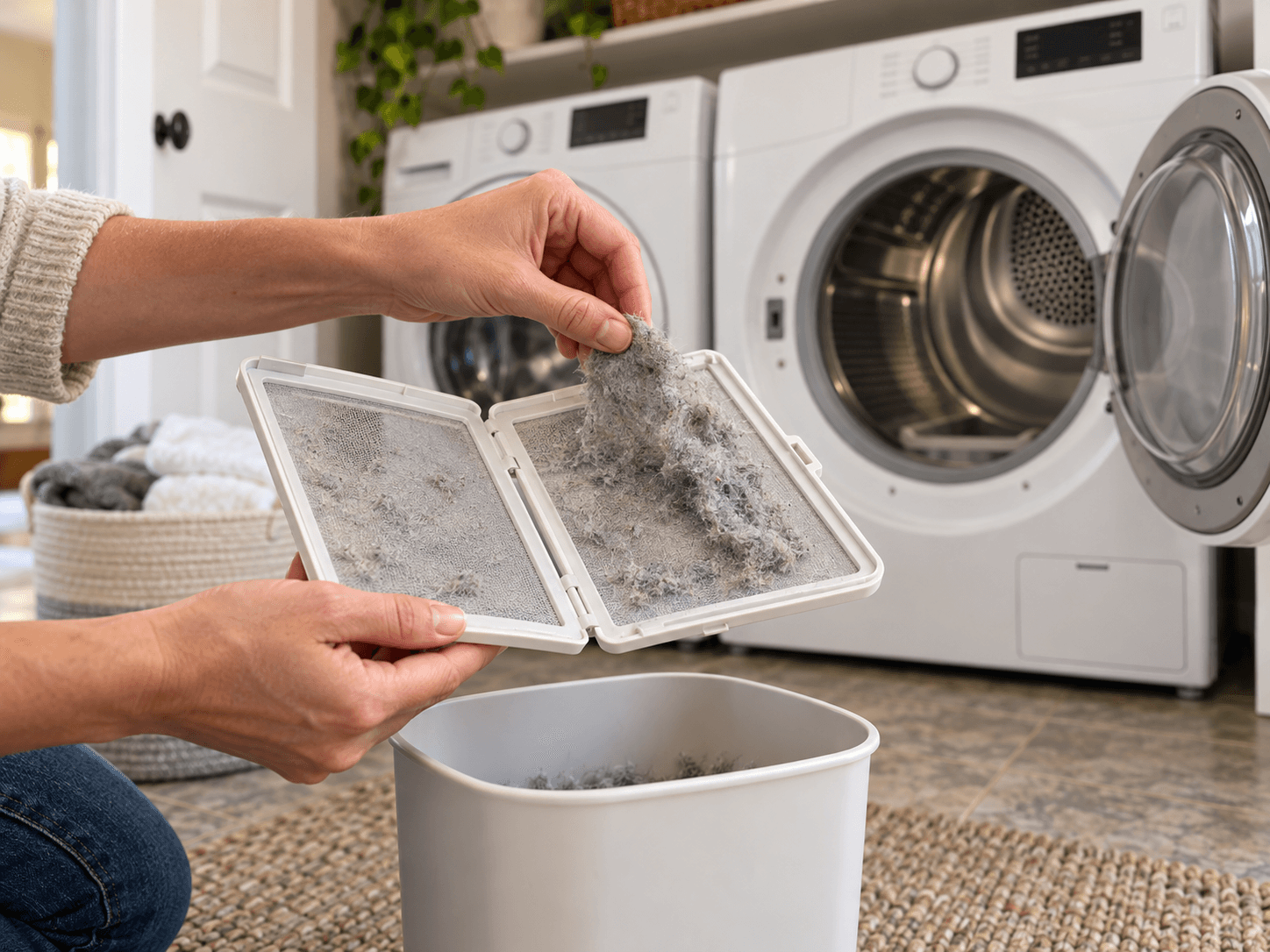 Hands lifting lint from a removable mesh dryer filter over a small waste bin.