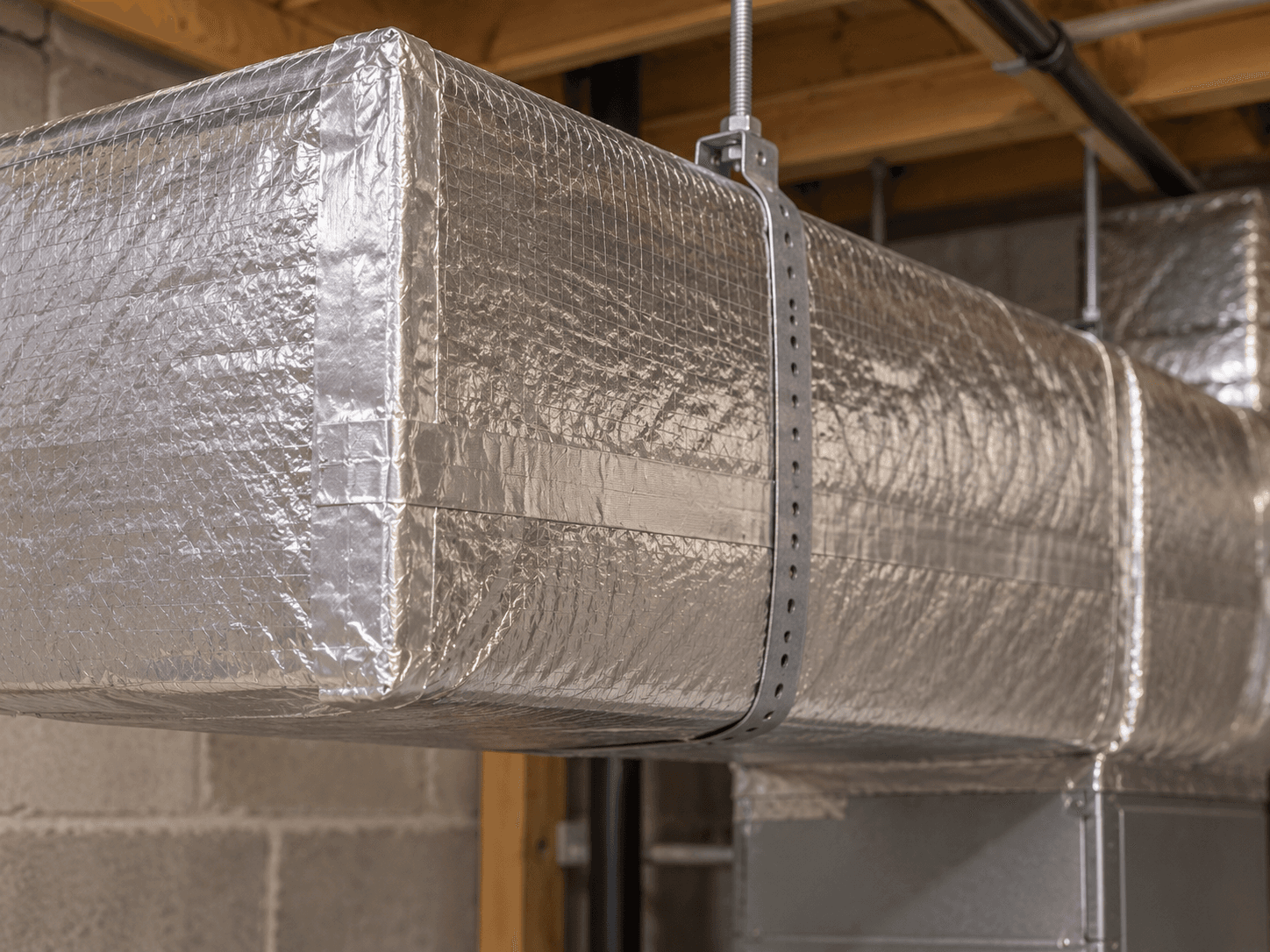 A supported metal duct has fitted insulation with a continuous sealed outer facing.
