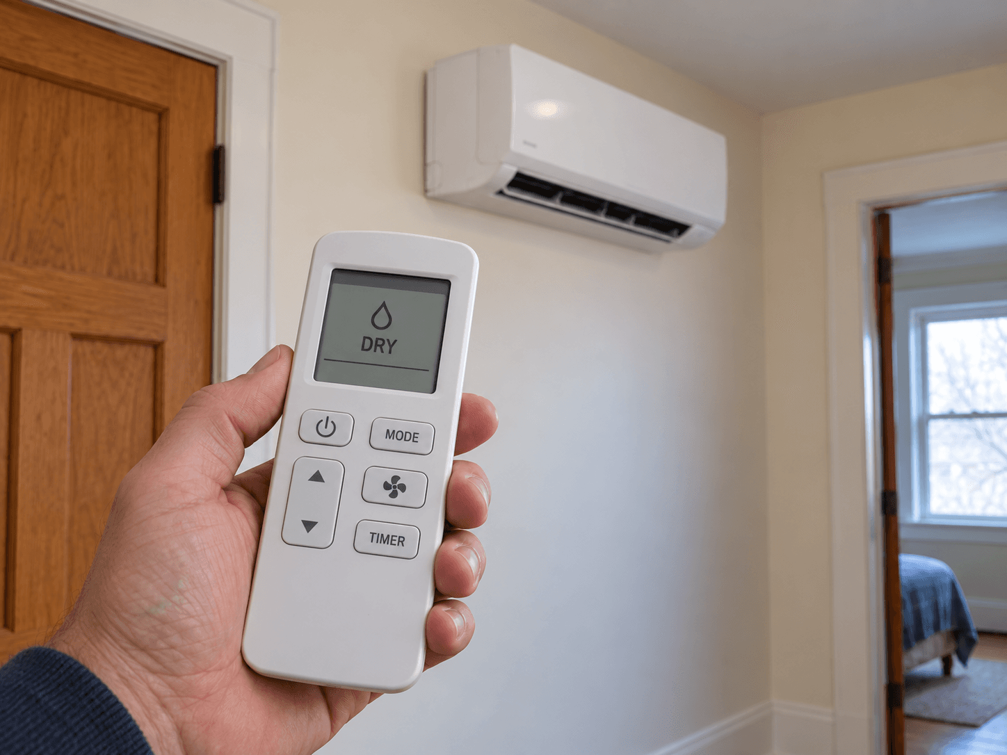 A homeowner checks the dry-mode symbol on a ductless remote.