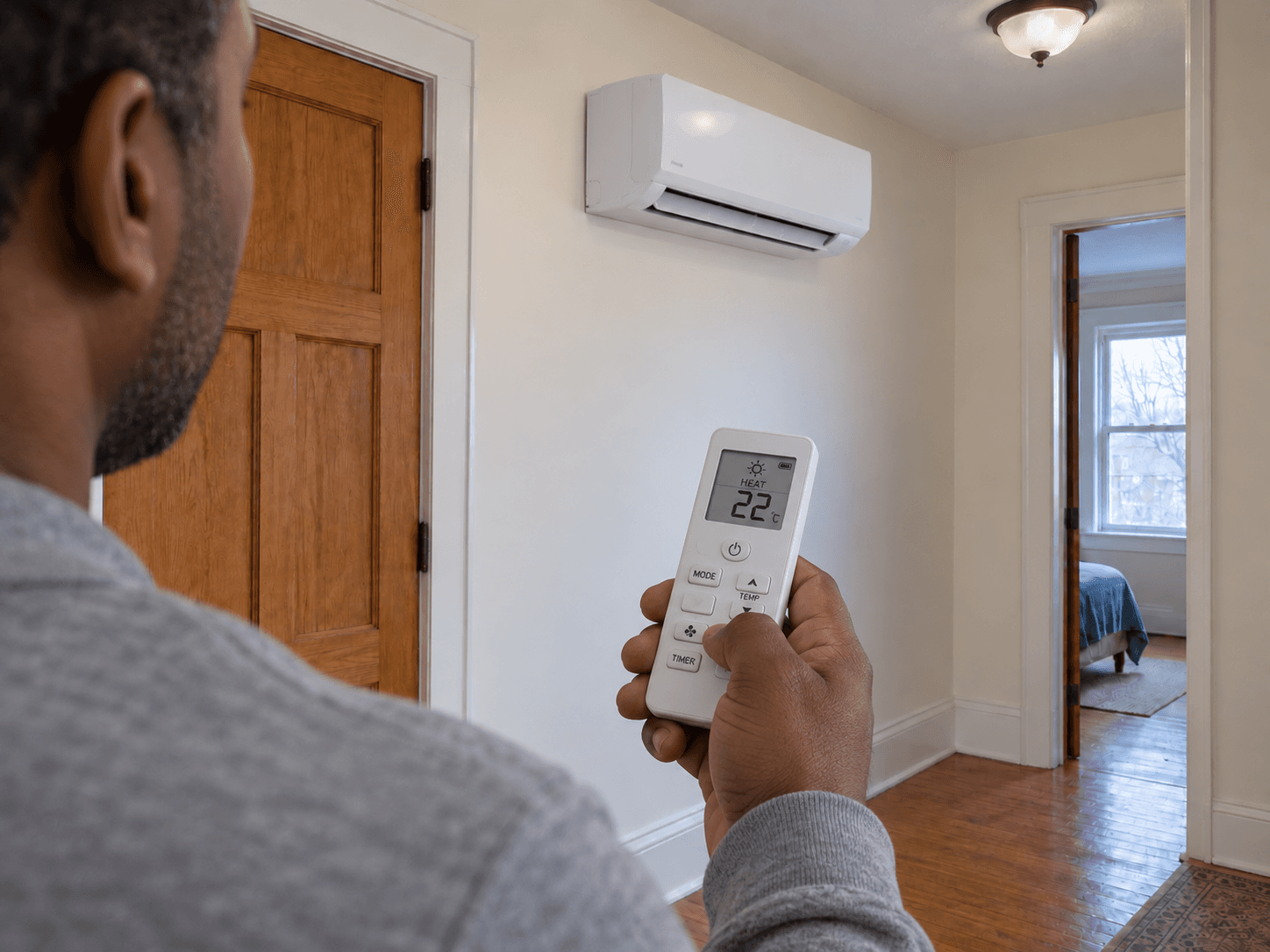 A homeowner checks a ductless controller while the closed indoor head is visible.
