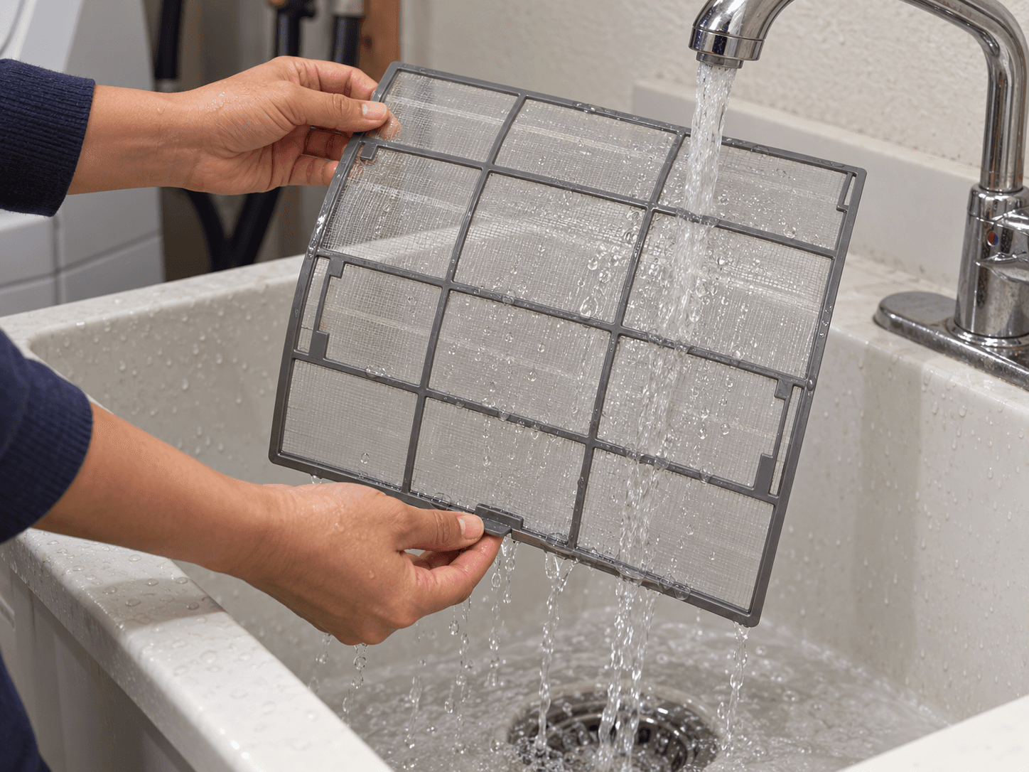 Hands rinse a removed mesh filter over a utility sink.