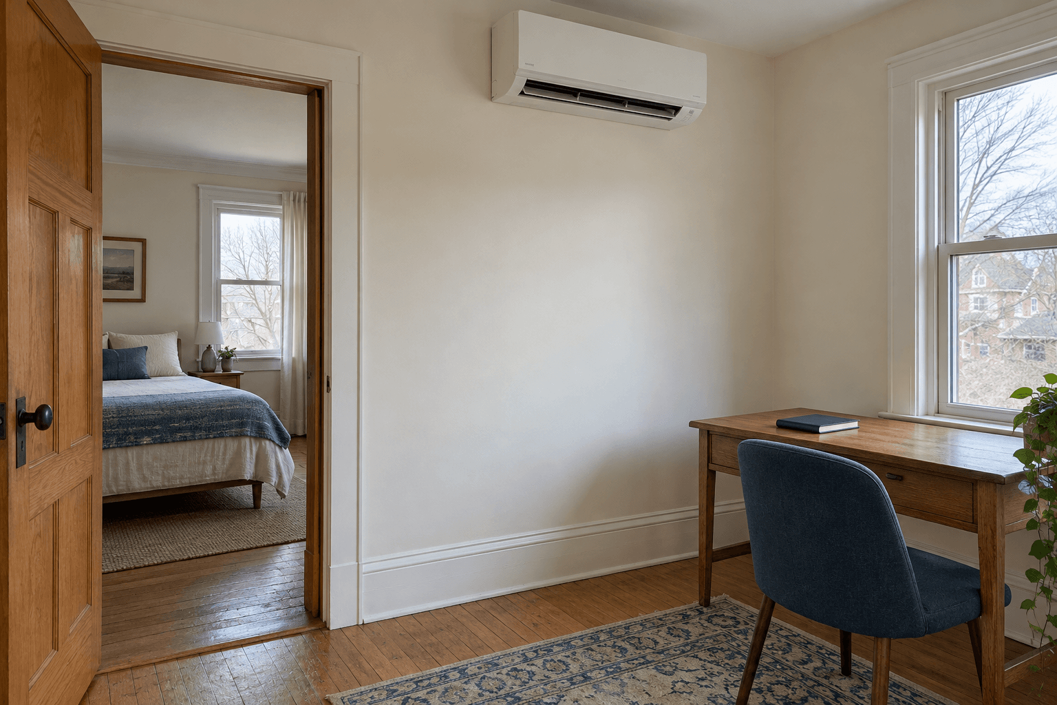 A wall-mounted ductless heat pump in an upstairs room beside an open bedroom doorway.