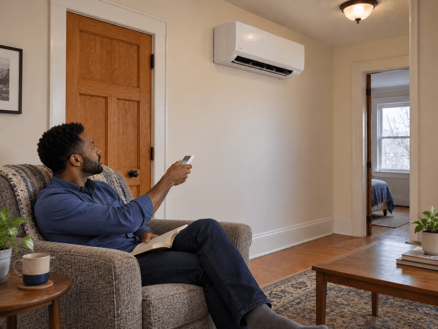 A ductless head and nearby seating show the room's air-delivery arrangement.
