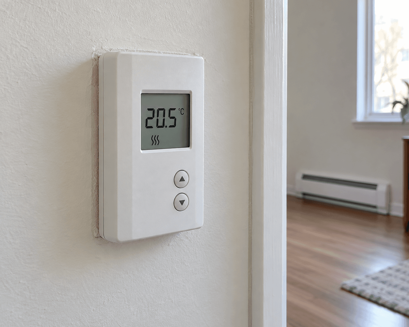 A closed electric-heating wall control beside a doorway, with a baseboard visible beyond.