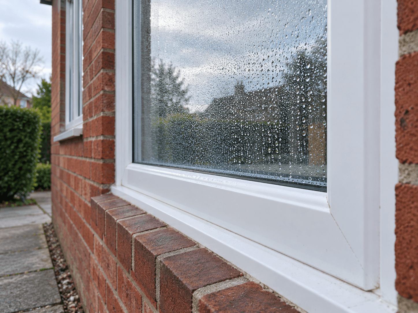 Fine morning dew beads on the outside surface of a ground-floor window beside a dry brick wall.