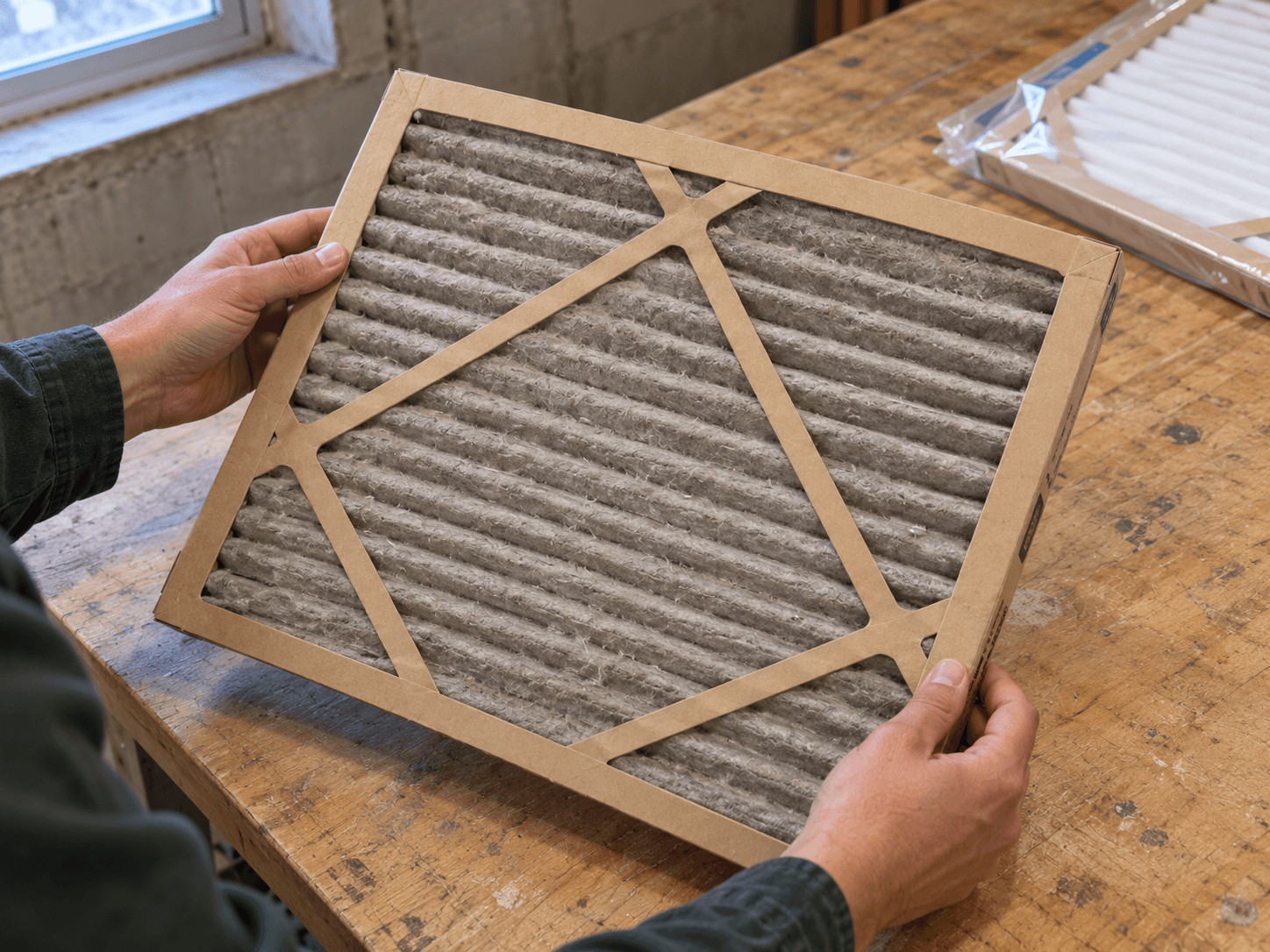 Hands supporting the cardboard edges of a used pleated filter above a basement bench, with a clean replacement nearby.