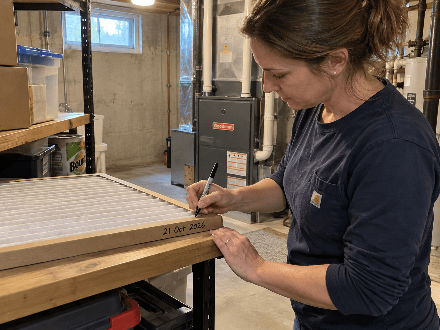A technician marking the installation date on a new filter frame while it rests on a basement shelf.