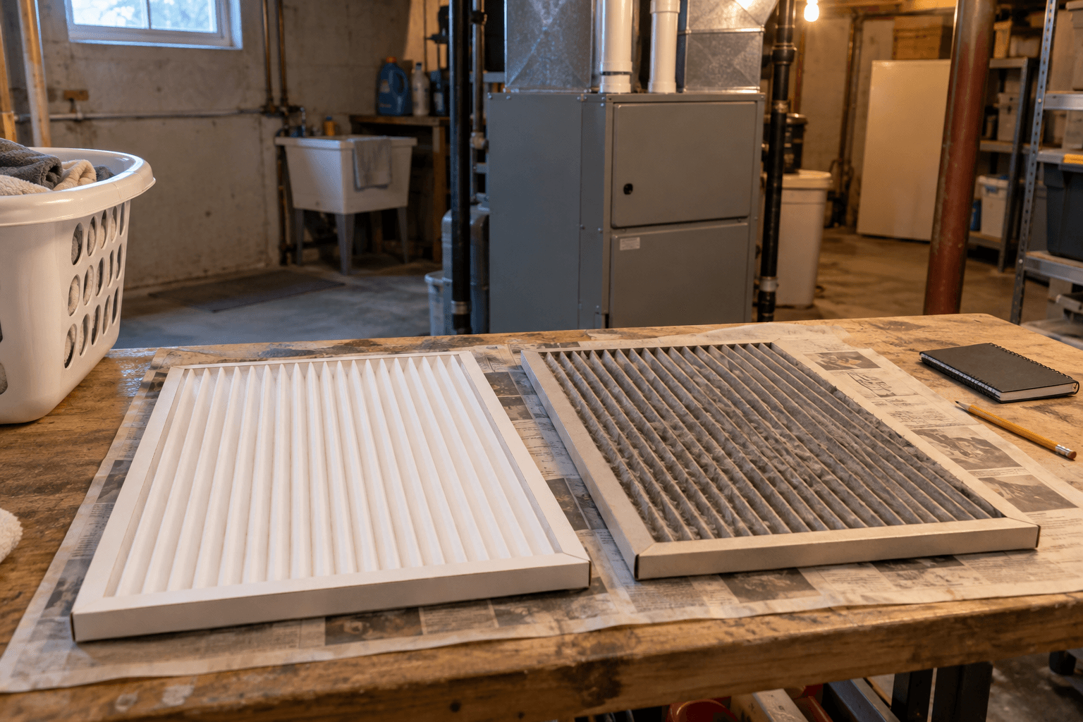 Replacement filters laid on a utility-room worktop.