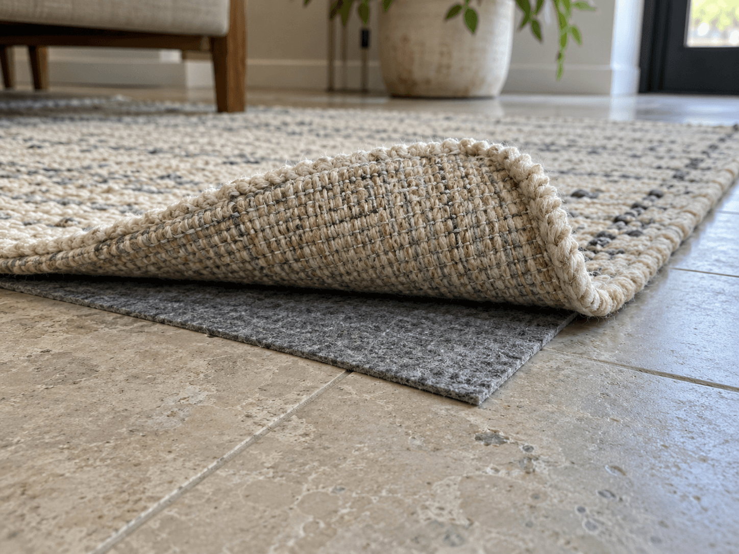 A rolled-back woven rug corner revealing a separate felt underlay on a tiled floor.