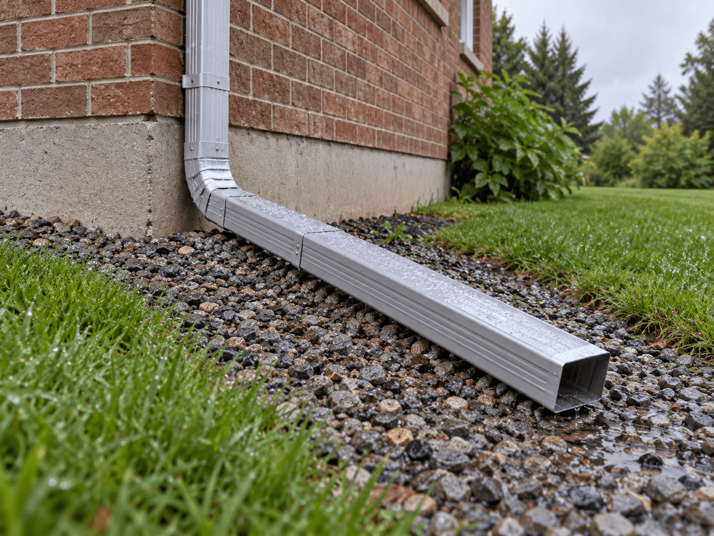 A connected downspout extension leads outward over a gravel strip away from a foundation.