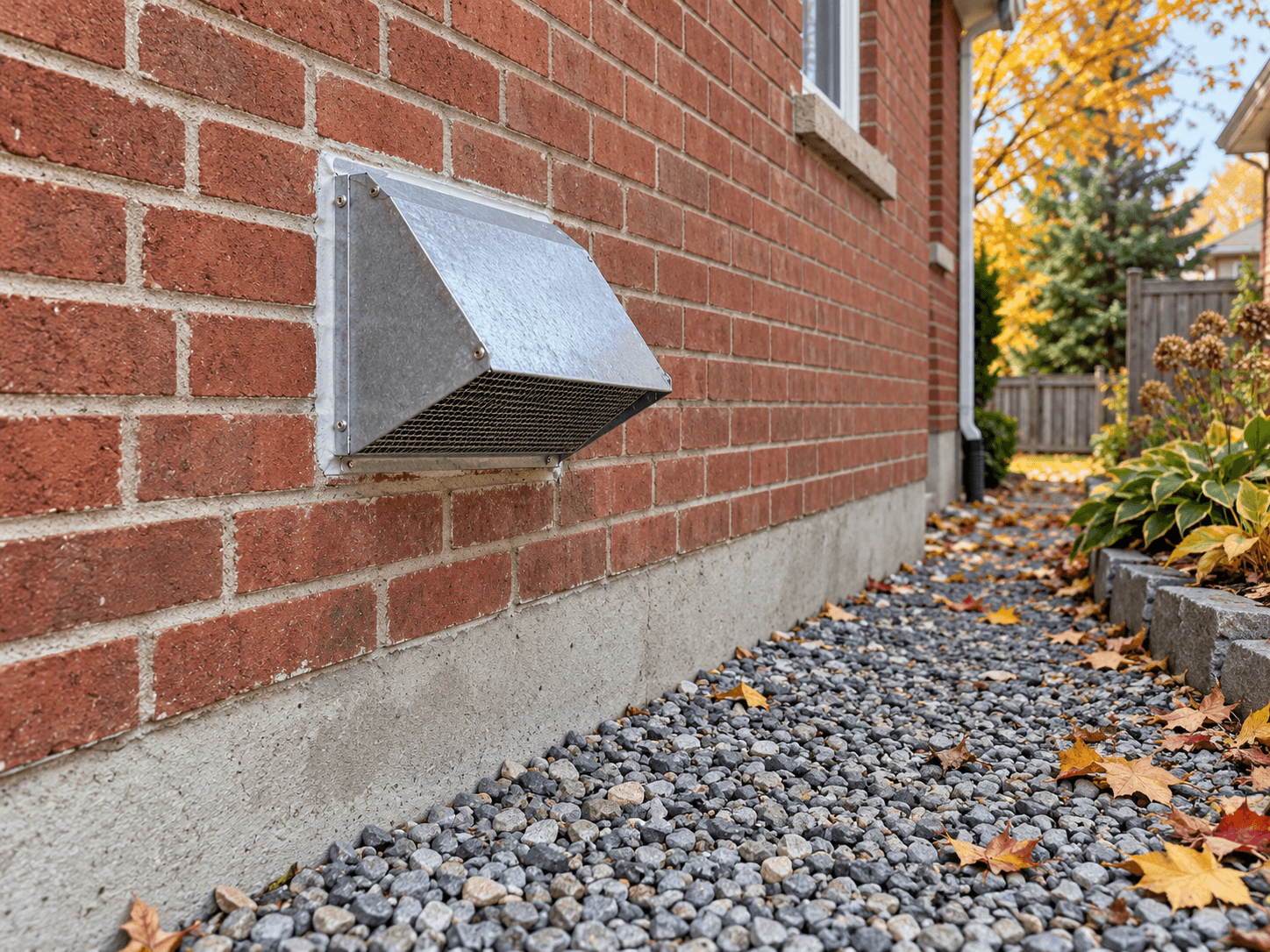 A screened outdoor-air intake on a clear section of brick wall.