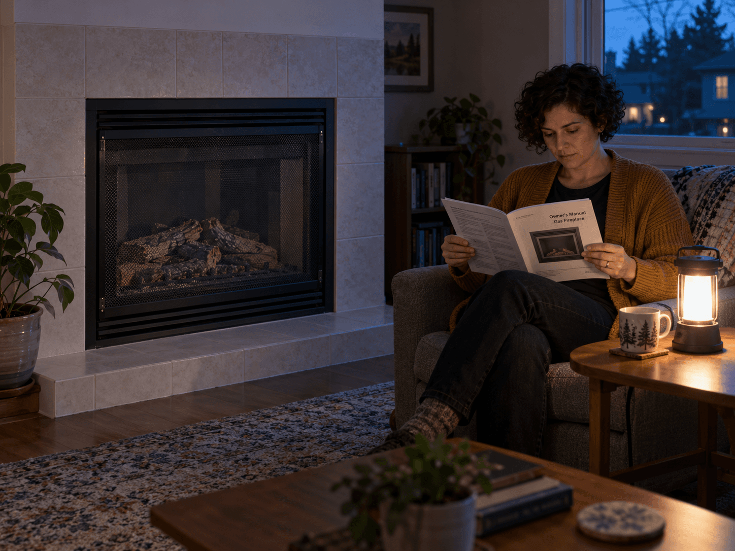 A homeowner in a mustard cardigan reading a fireplace manual by a battery lantern beside an unlit fireplace with its barrier in place.