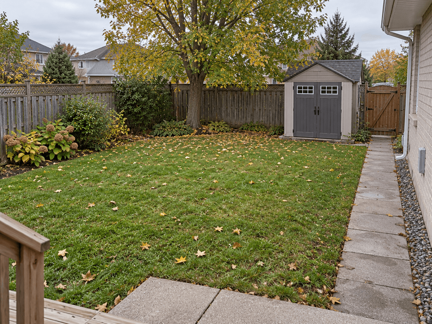 A modest back garden with a side access route and established boundaries.