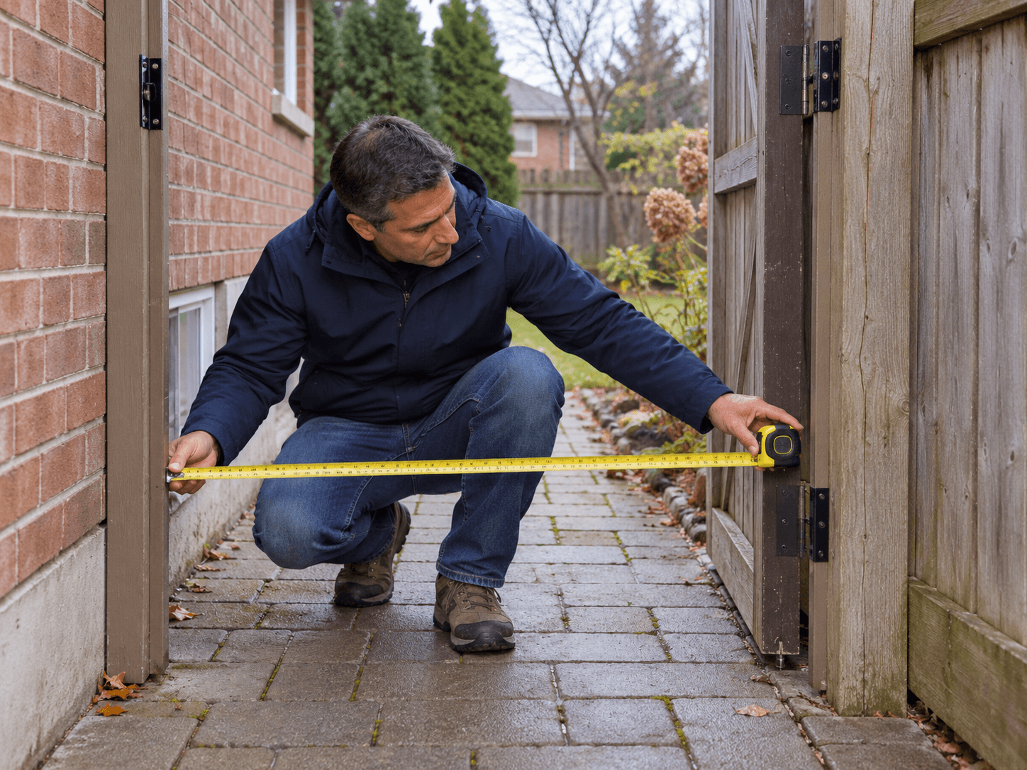 A person measures the clear opening of a side gate from the paved access path.