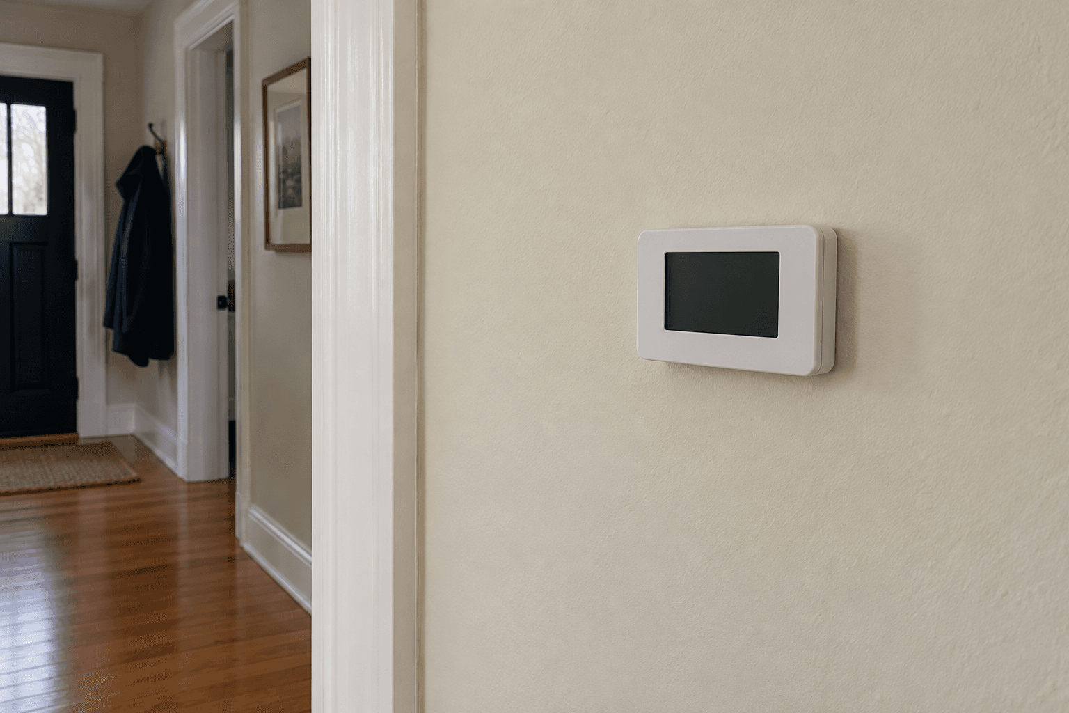 A plain wall thermostat on an interior hallway wall beside an open doorway.