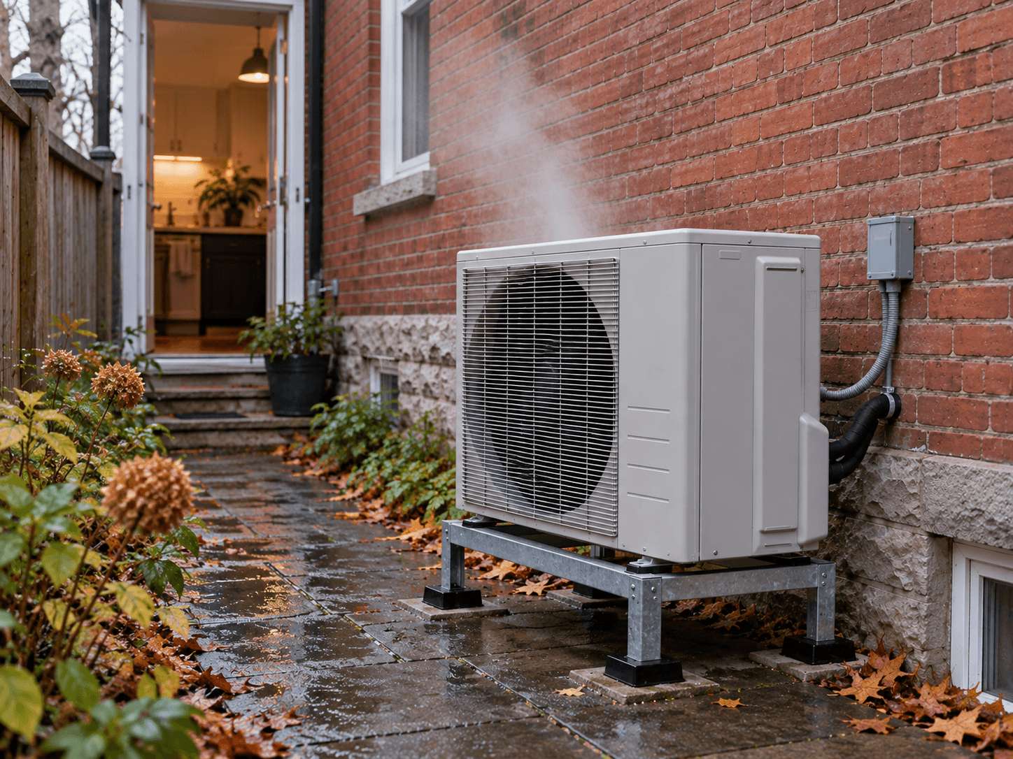 A brief vapour cloud rises above an outdoor heat pump beside a brick house.