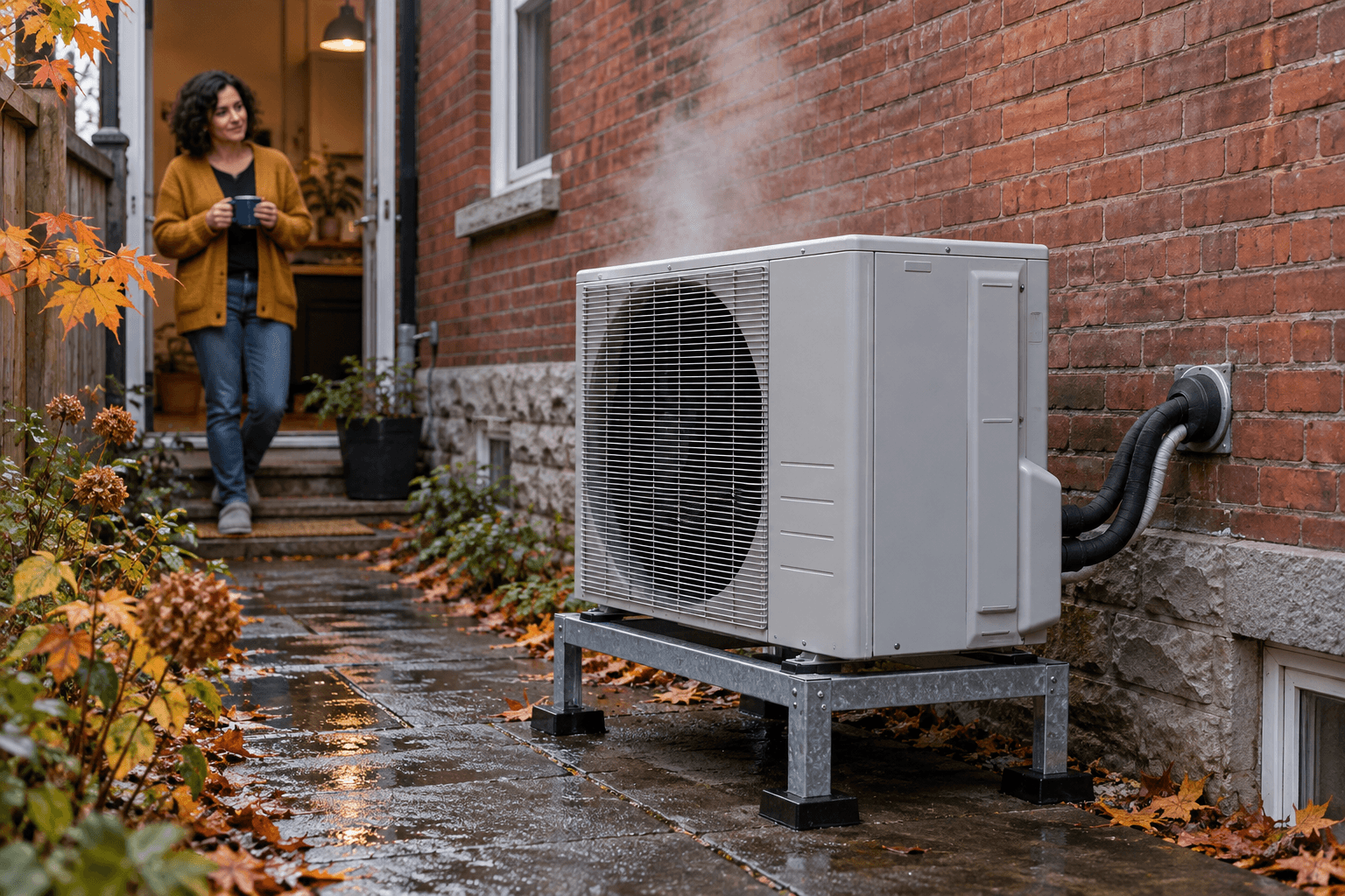 Water vapour rising beside a raised heat pump, with Nora watching from her kitchen doorway.