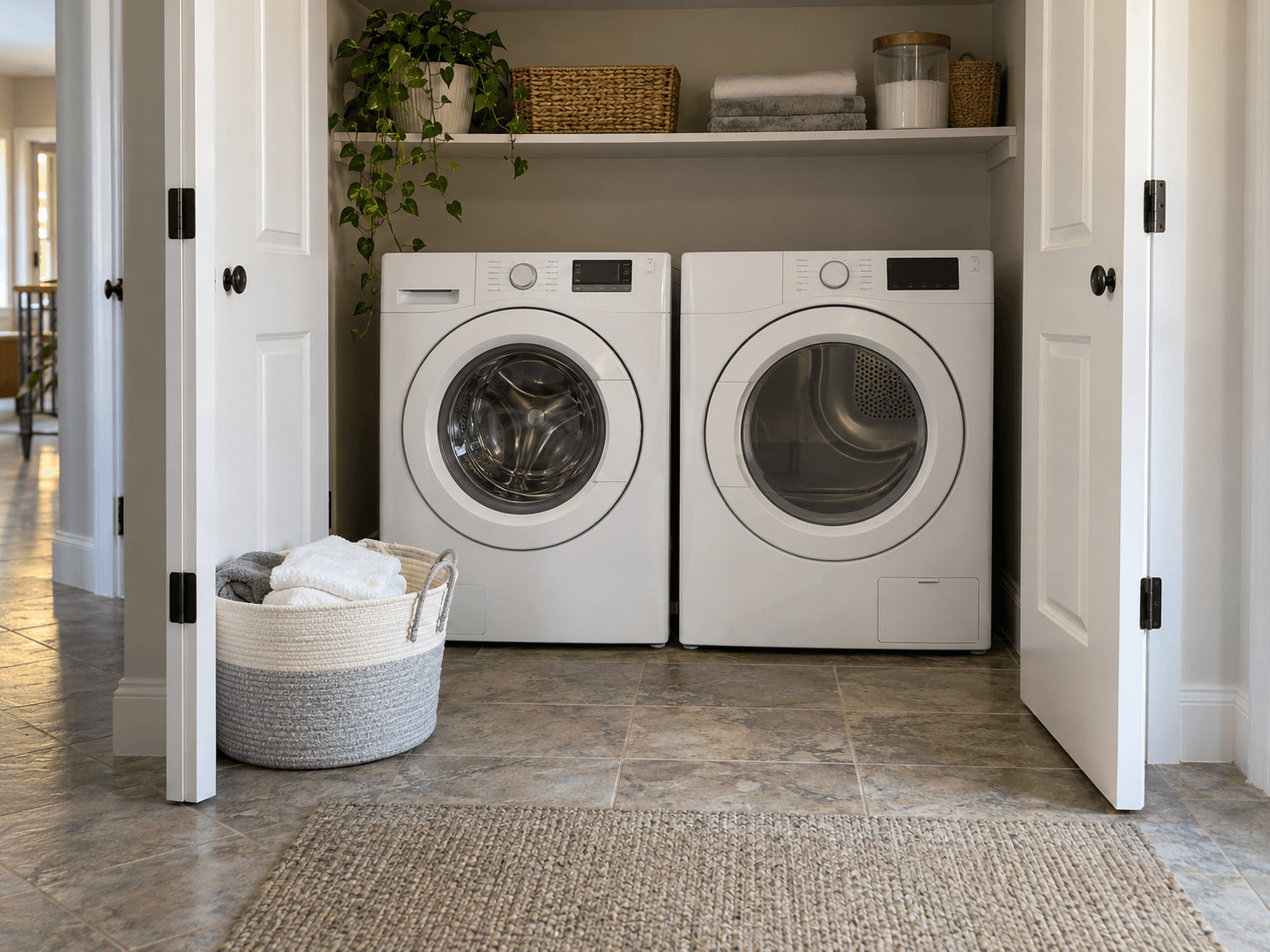 A washer and heat-pump dryer in a laundry alcove with both doors open and clear access in front.