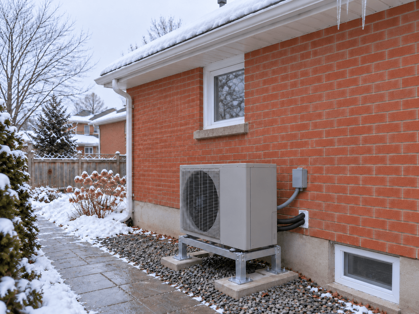 The roof edge and outdoor heat pump are visible together from across a winter side yard.