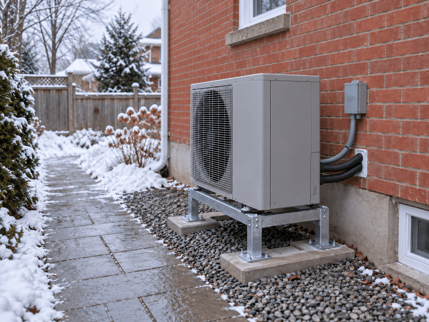 Loose snow is cleared around a raised heat pump and along the side path.