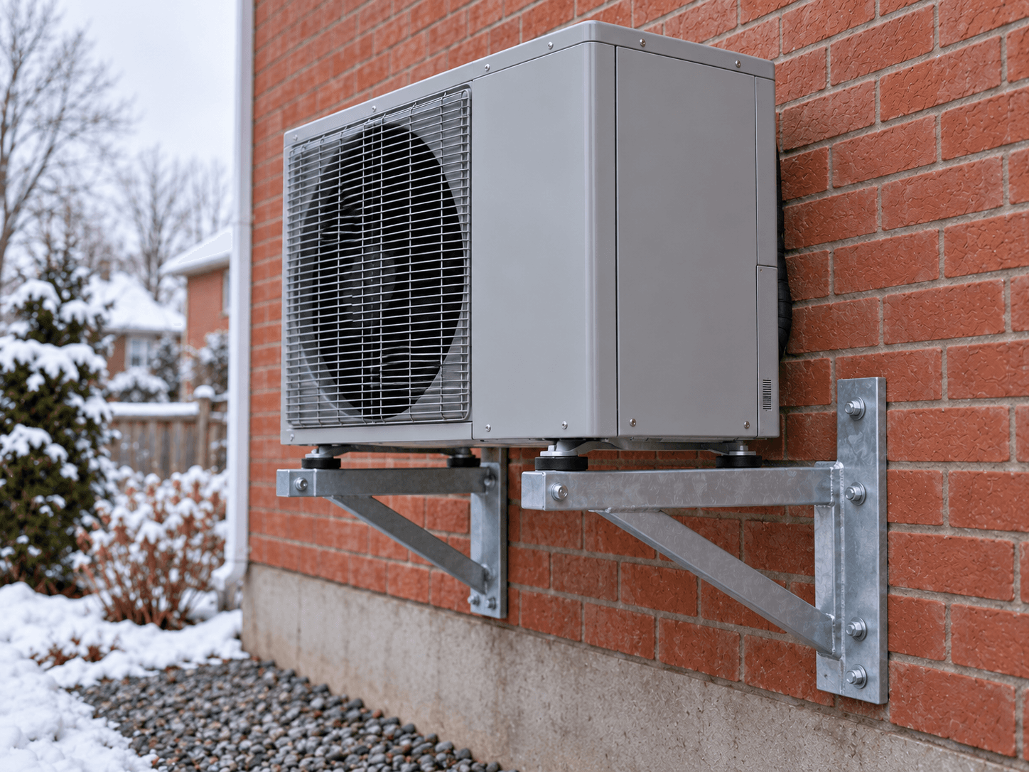 The support brackets and mounts beneath a wall-mounted outdoor heat pump.