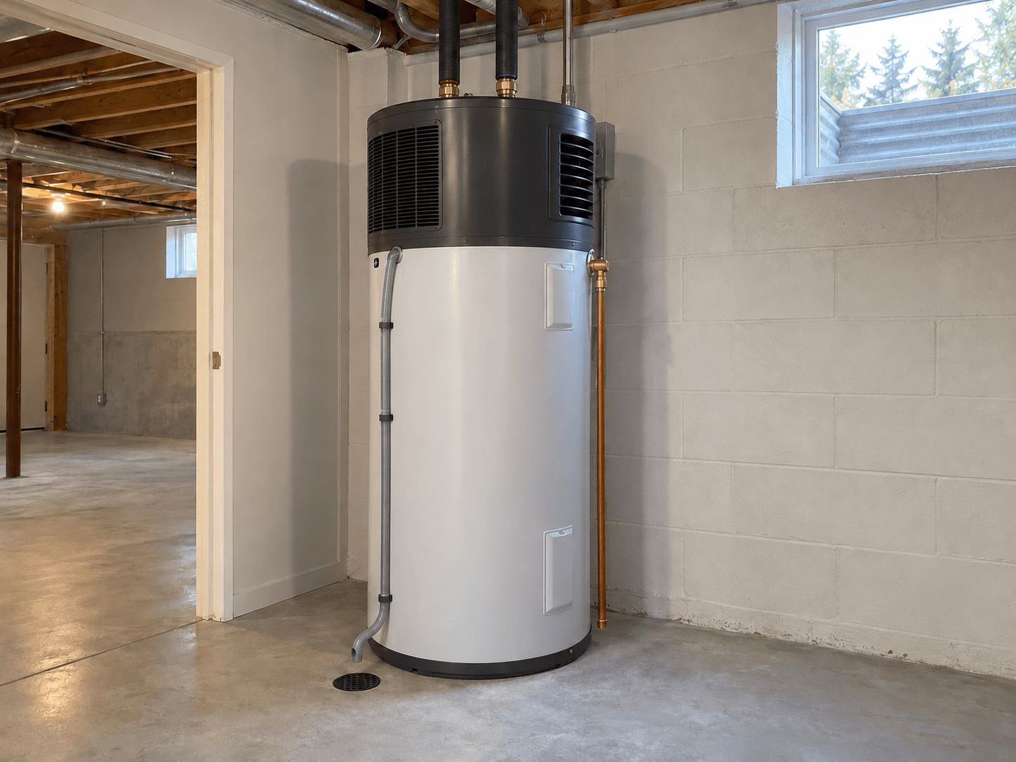 An integrated heat-pump water heater in an open basement utility area, with a clear upper air grille and separate condensate drainage.